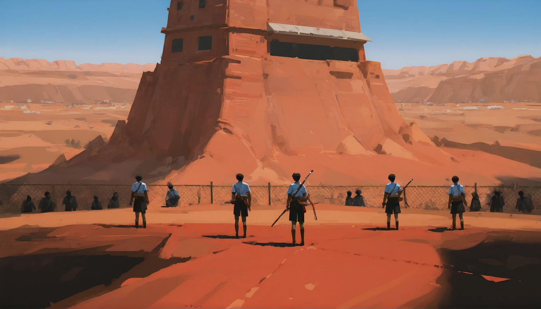 Yun Lin, sketch, sunlight, wide frame, red wasteland, red canyon, (very high detail),4k,8k,HDR,
mast,erpiece, best quality, stunning quality,
standing, outdoors, landscape, building, chain-link fence, day, fence, ((people with orange cones instead of heads)), sitting at the edge
detailed background, (depth sharpness: 0.9), (convergence of points: 0.9),
