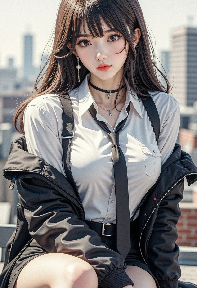 photorealistic, high resolution, 1women, solo, sitting at balcony, look at viewer, (detailed face), colorful street wear, jacket, skirt, thighhighs, tattoo, jewelry, snowy night