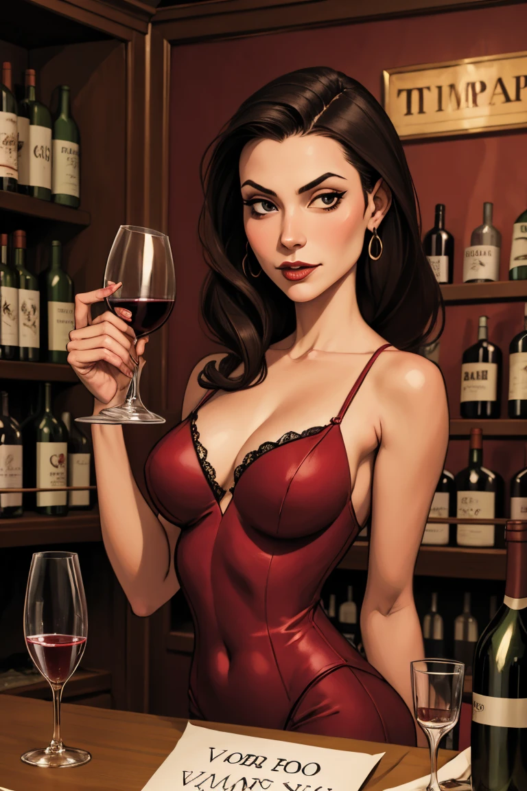 to better quality, 4k, 8k, a high definition, portrait (foreground), Ana de Armas as a vampire, smiling, showing fangs, wavy hair, Wine red dress with open neckline and long sleeves, deep cleavage, character design, big breasts, busty, fake tits, fake tits, turgid breasts, beautiful ass, booty, thin waist, slender
