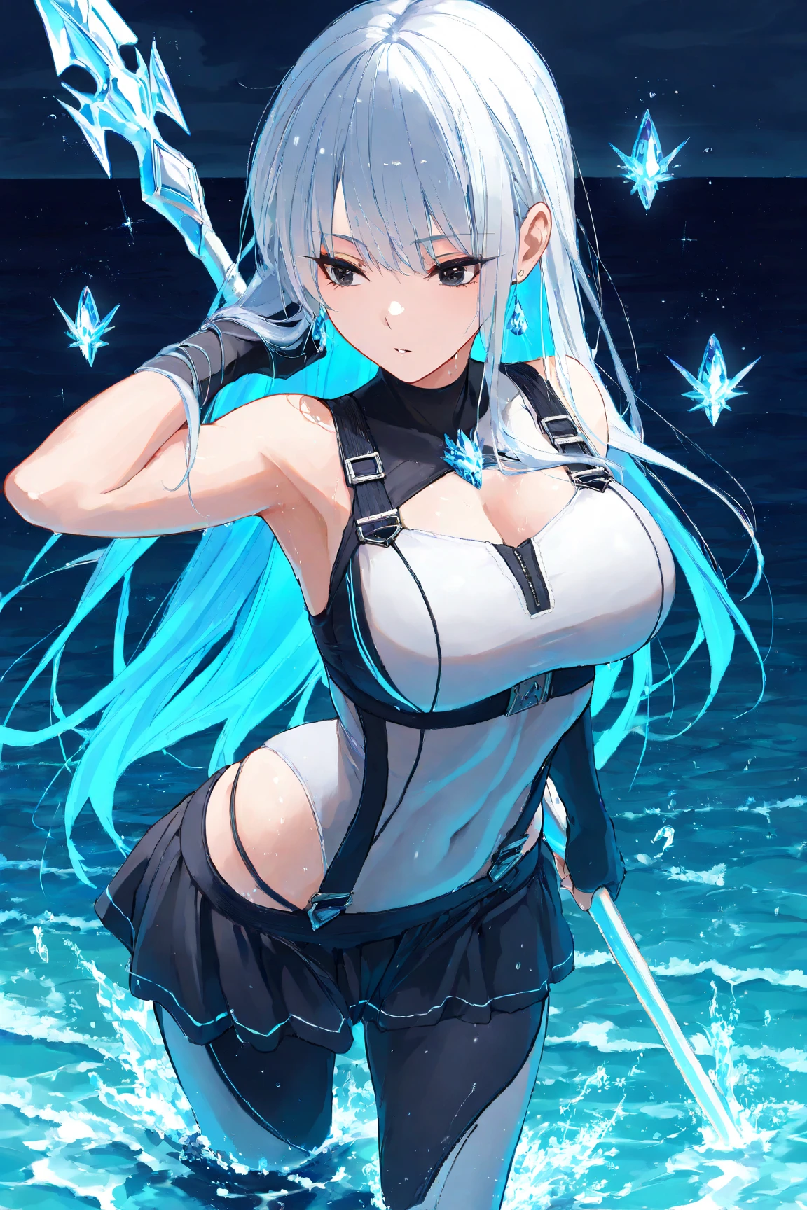 最high quality、best image quality、masterpiece、girl((20-year-old、 By becoming、vest bust、medium bust,wide open breast tea、shining eyes, silver water hair、long hair、thin,highest valley、blue sports bra、blue sports pants,diamond earrings、Wristband、black gloves、swim、Ocean)),high quality、beautiful art、background((深Ocean、Ocean))、Flight、debris flies、Depth of written boundary、movie、visual art、perfect art、8K,genuine、Dynamic Performance