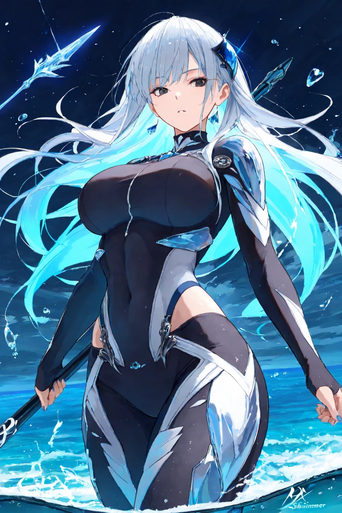 Wave Twist、Light blue hair、tights、hero costume、Beauty、My whole body is wet 、Huge 、Voluptuous body、Superior Quality, Her cheeks flushed, sweating , Ultra-high resolution, Maximum resolution, Very detailed, Beautiful Skin,