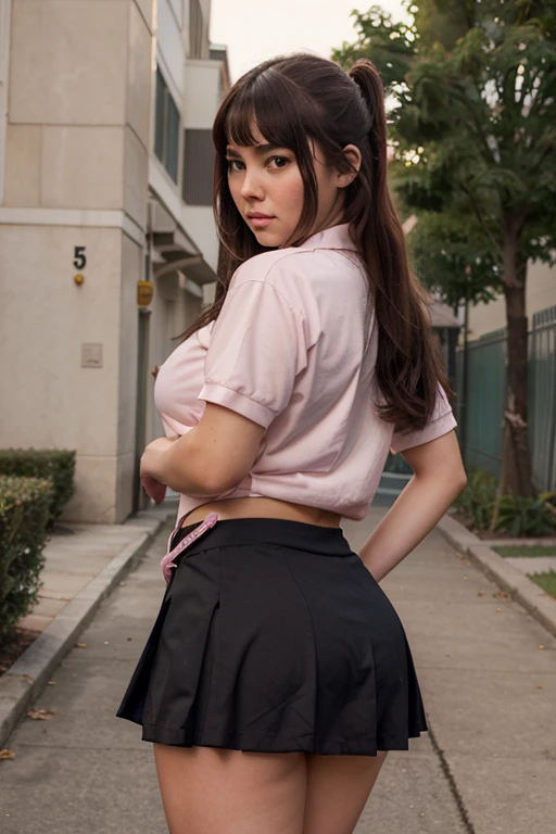 masterpiece, best quality, high resolution, beautiful Latina schoolgirl , standing, in back pose, Pink backpack, wearing a gray pleated miniskirt, lifting her skirt, showing her ass in closeup, bull body, gray socks, in Street..
