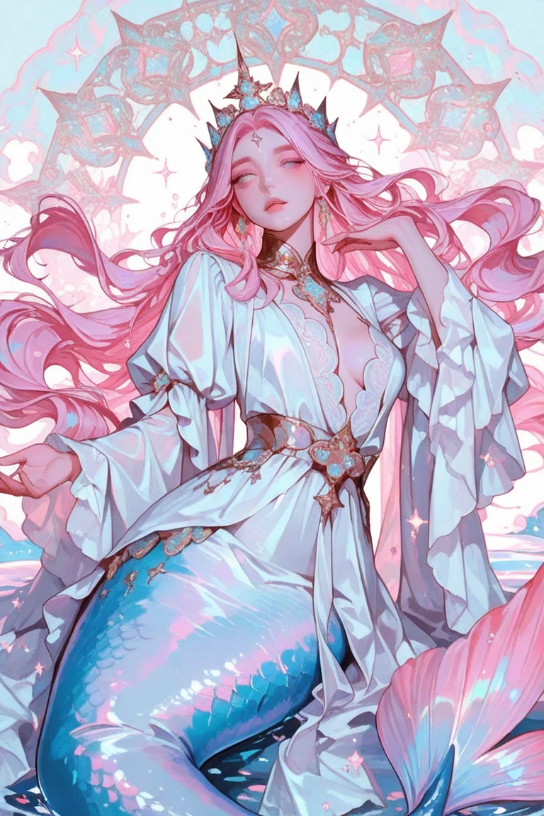 A pink haired female mermaid with violet eyes and an hourglass figure in a pink mermaid style gown is holding a seashell on a beach at night with a big smile