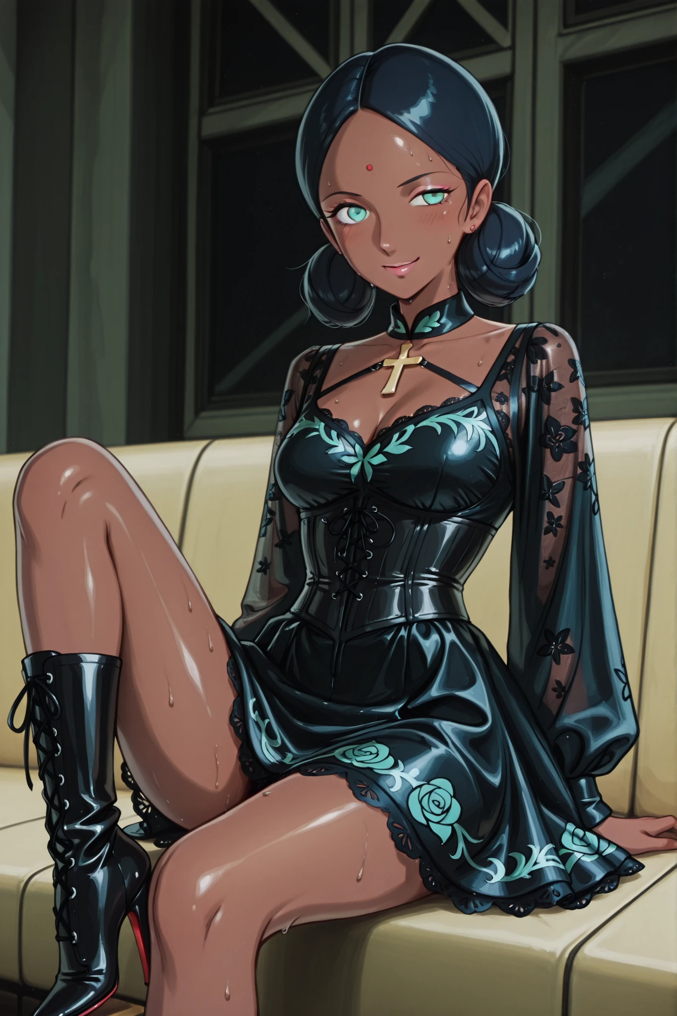 (((sitting cross-legged)))、spread legs、BDSM、Queen、mistress、(((girl)))、(((solo:1.8)))、(((blackいラテックスの肘手袋:1.4)))、(((blackいラテックスのコルセットドレス:1.4)))、(((corset dress is decorated with beautiful lace)))、(((Corset Dress with Shoulder Straps)))、(((blackいラテックスのタイトなミニスカート:1.4)))、(((blackいサイハイブーツ:1.4)))、(((blackいラバータイツ:1.tiletto heel boots:1.tiletto Boots:1.4)))、(((blackいラテックスのハイレグパンティー)))、(((blackいラテックスのブラジャー)))、(((blackいレザーの首輪)))、(((sexy pose:1.4 )))、Wide legs:1.2、(((erotic)))、(((cowboy shot)))、close-up、、beautiful eyes with highlights、Completely Bound、perfect 2 anatomical arms、perfect anatomically based 2 legs、(perfect 4 fingers and 1 thumb)、Supreme Masterpiece、masterpiece、absurdres、High Definition、Hi-Res 8k、detailed faces with ofisu、detailed eyes、詳細なMy hair型、Lala Sun , The mark on the middle of the forehead、(((brown skin:1.4))), green eyes,aqua eyes、 black_My hair, low twin My hair buns, sweat, blush, Half eye, Oilskin, smiling、Smile Yan