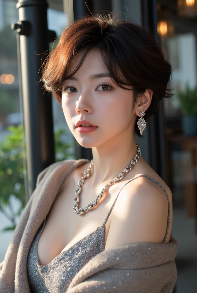 Highest quality, Very detailed, masterpiece, 1 person,Japanese women,(((Perfect female body))),Very beautiful face, Very beautiful body,Gentle expression, Very beautiful eyes,(Perfect Makeup:1.1),Big Breasts,40s、short hair、Brown Hair:1.3, Big Breasts、Soft-looking body、Black dress、necklace,anklet,A kind smile,Full body portrait,(Indoor Background:1.3), (Glowing Skin),(Earrings),Short sleeve