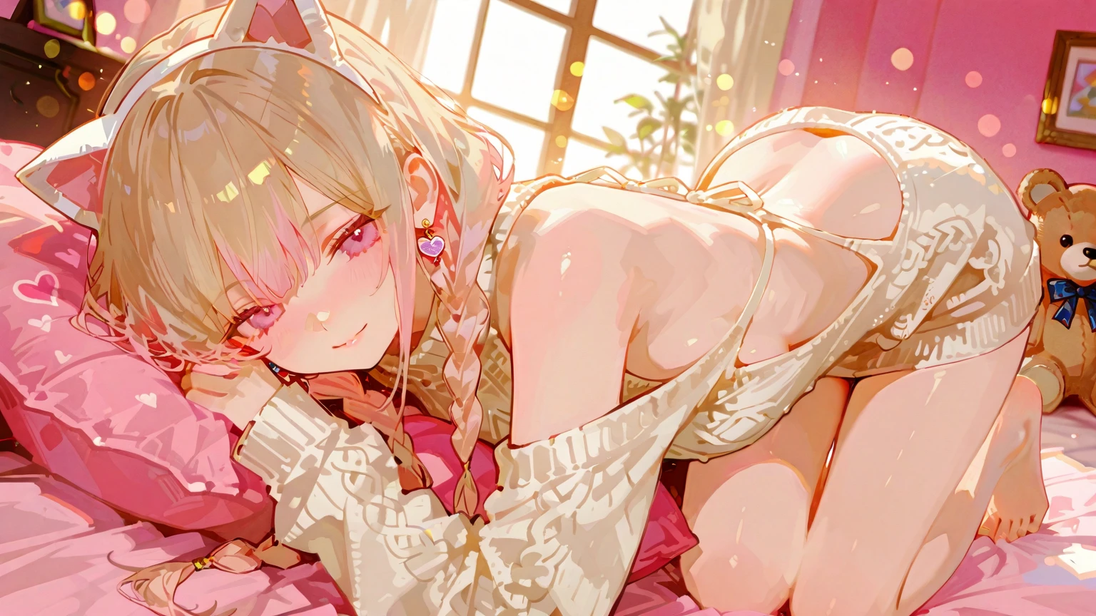 masterpiece, (detailed, highres, best quality), 1girl, <lora:spgbfKumbhira-10:1> kumbhirasu, horn ribbon, hair flower, black bikini, layered bikini, cleavage, belt, bare arms, hurt, closed eyes, closed mouth, hands on own knees, knees together feet apart, light smile, sitting, solo