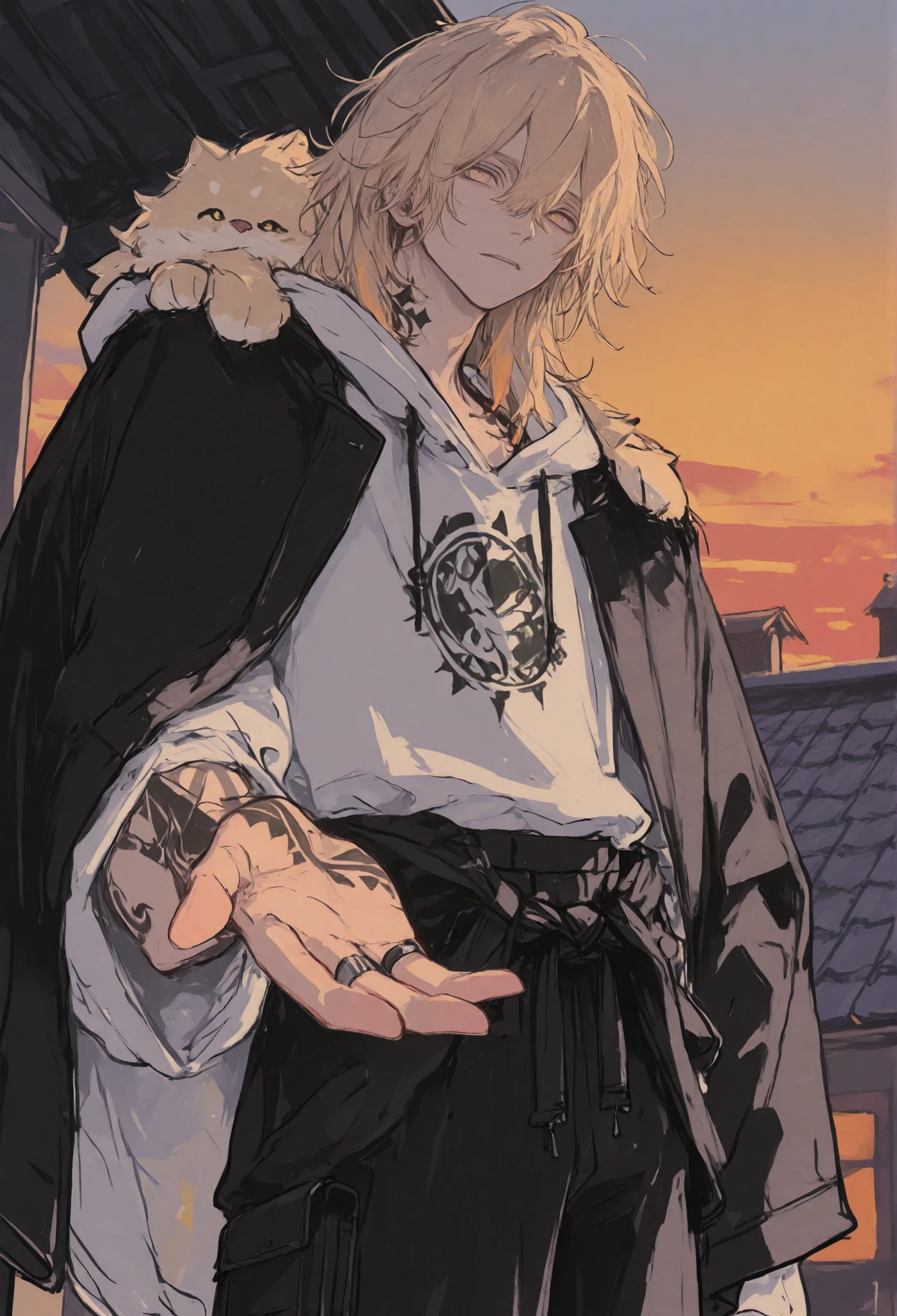 1boy, very handsome, beautiful, messy blonde hair reaching his shoulders, pale amber eyes, white large hoodie with black accents. Black cargo pants, black jacket tied into waist, tattoos on the hand, rings, sitted on a roof, watching the sunset