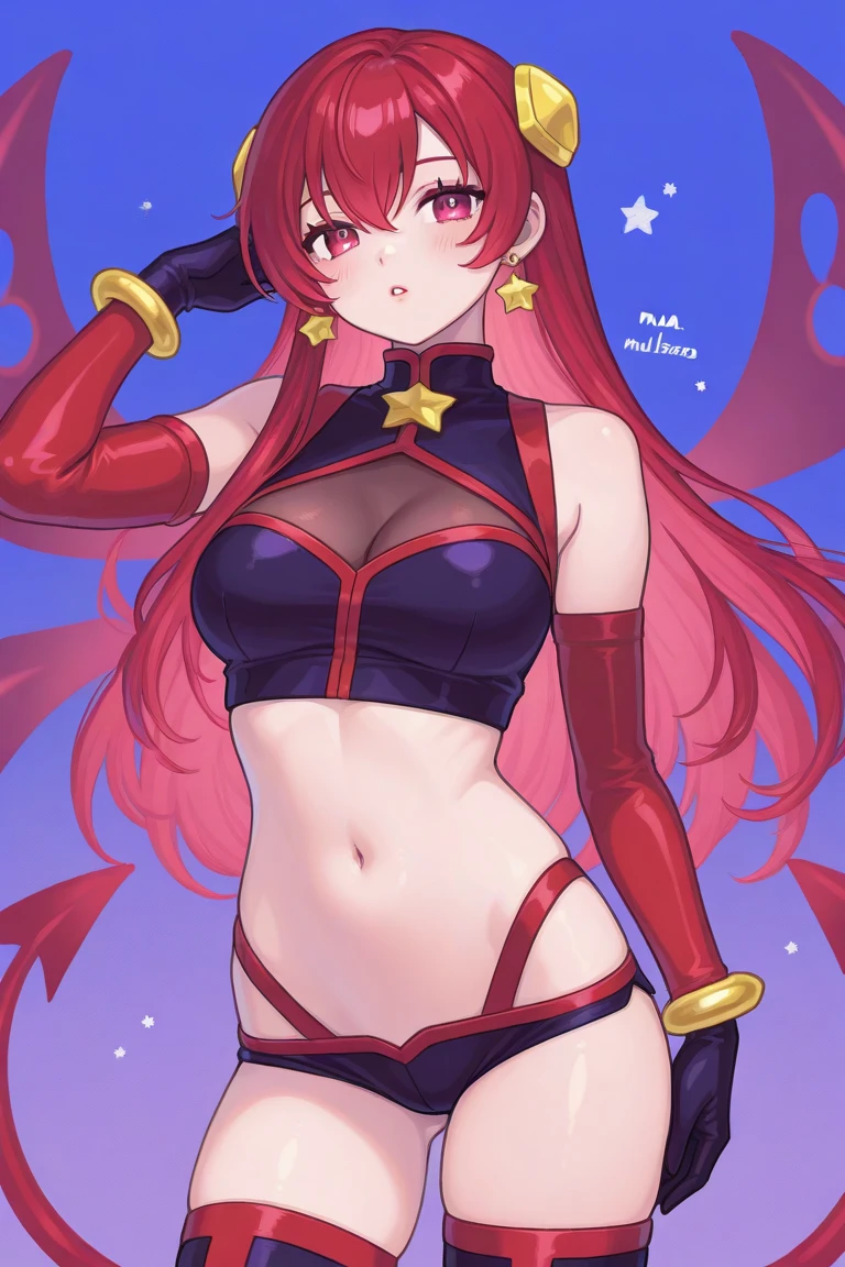 vivid red hair, Princess Hair, very long twintails, large full breasts, Glossy skin, Pink lips, Peach-colored cheeks, Blue eyes, Golden earrings, Rin々Shishi Face, Sci-Fi Anime, gothic lorita, Sexy design, I can see my stomach, A slight smil