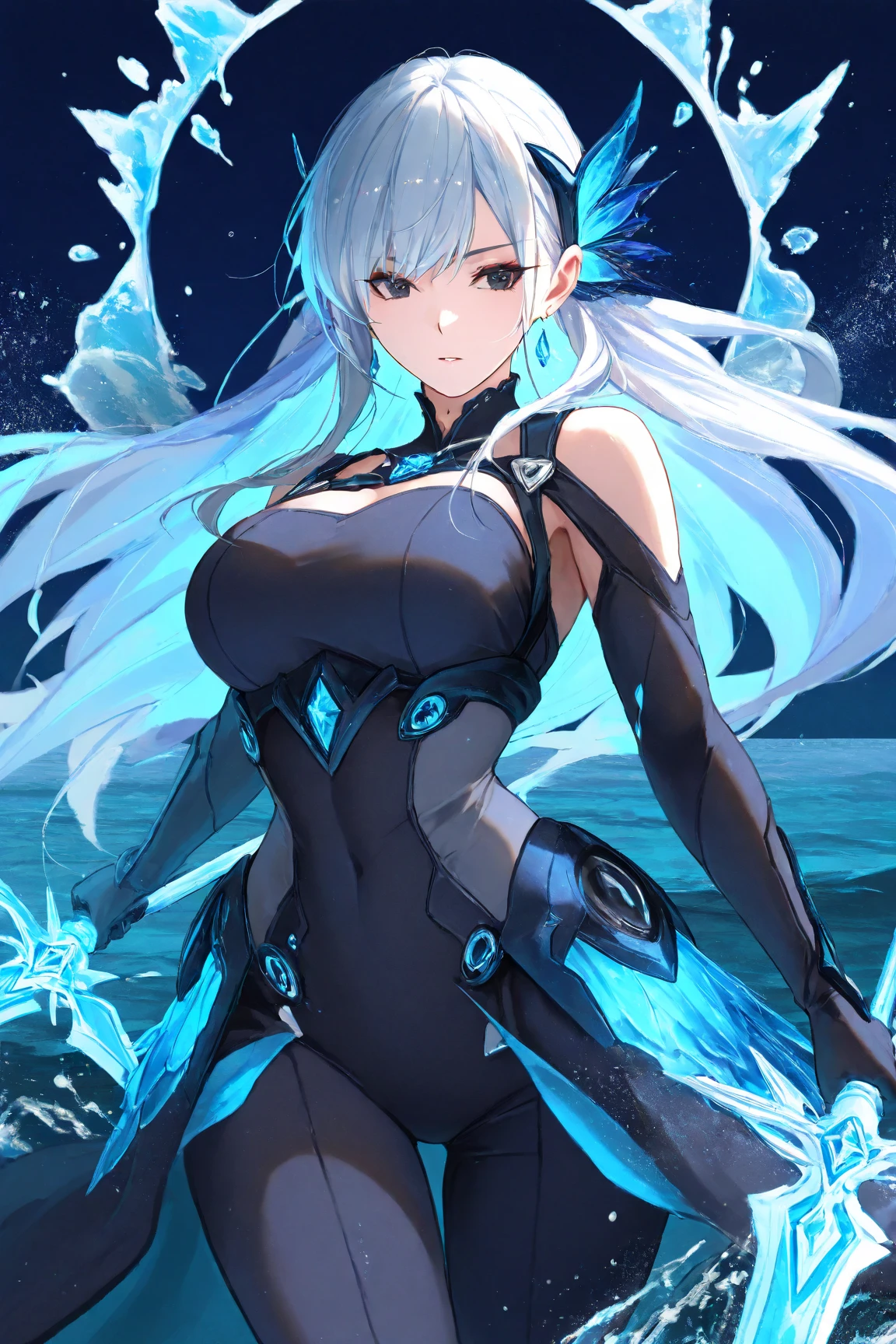 One lady,ars,((White hair) ,((())), ((Normal breasts)), (())(()),(Shiny blue bodysuit with microskirt))),,((Fantasy,Moon Night))(())(Getting by tentacles)
