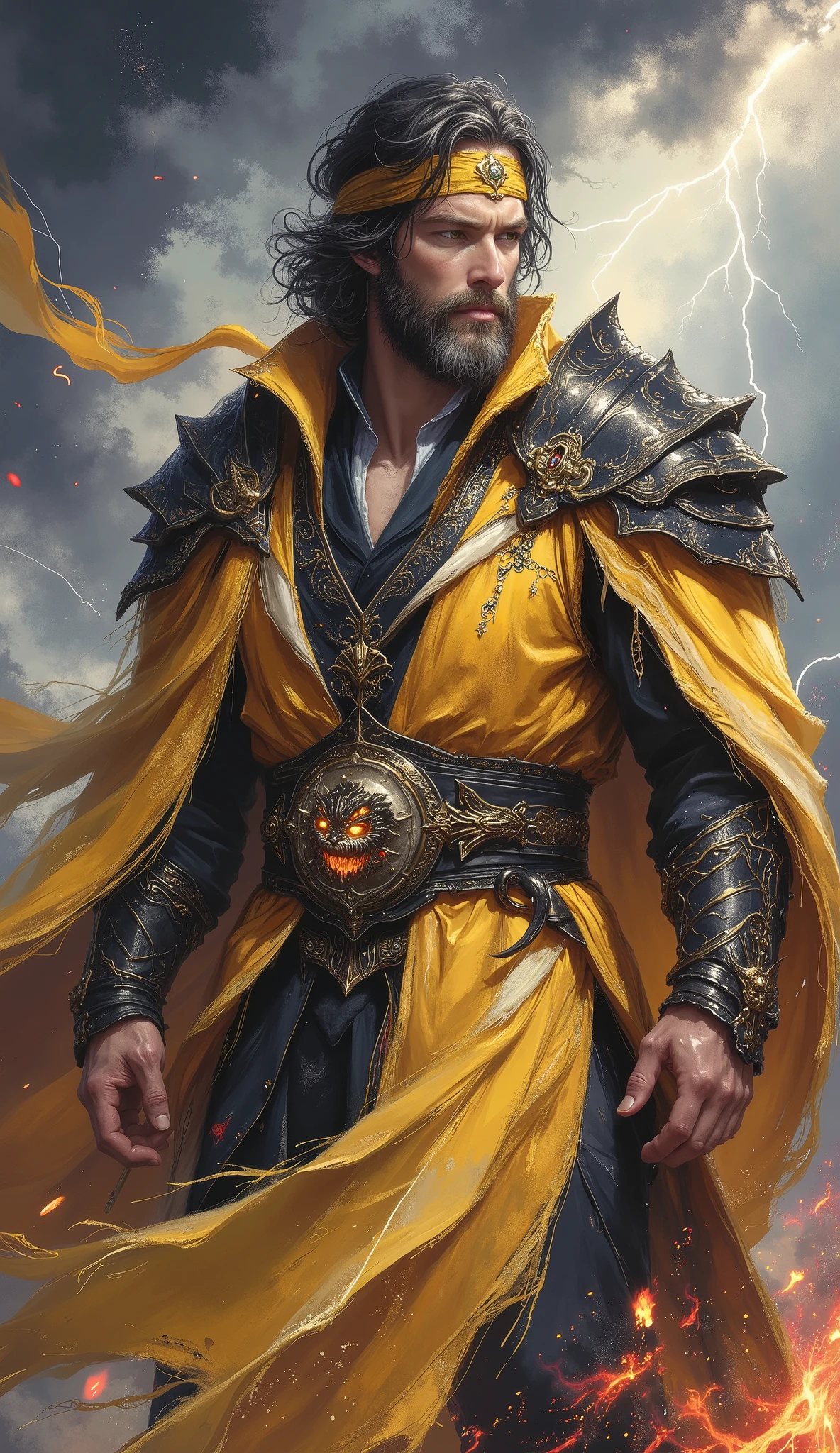 (masterpiece:1.3, best quality:1.3, hyperdetailed:1.2, professional artwork:1.2), ((powerful male mage:1.5)), a dignified middle-aged sorcerer, exuding arcane authority. Features: medium-length, flowing jet-black hair partially restrained by an ornate saffron-yellow headband adorned with subtle glowing runes; thick, determined eyebrows; a piercing, focused gaze from intelligent amber eyes; a noble, weathered face framed by a voluminous, well-maintained dark beard streaked with grey. Physique: tall, slender, yet imposing. Attire: An exquisitely detailed fantasy-style mage robe, primary colors of rich ochre yellow, accented by crisp ivory white and deep obsidian black. Design elements include a dramatically wide, sweeping hem with intricate arcane embroidery; large, formidable shoulder pauldrons of layered, dark burnished metal that resemble a protective cloak; a striking belt buckle sculpted as a roaring fire dragon with smoldering gem eyes; and dark, practical fabric trousers. Background: A highly dramatic and atmospheric scene. Ominous, swirling thunderclouds fill the sky, rendered in deep indigos and violets, dynamically illuminated from below by an intense, fiery red glow emanating from raging flames (unseen), casting long, dancing shadows and stark highlights. Occasional flashes of lightning. Art Style & Quality: (Exquisite and mature manga art style:1.2), akin to dark fantasy masterpieces, dramatic and cinematic lighting, volumetric light, ultra-detailed textures (aged fabrics, polished metal, intricate embroidery), ultra-fine painting, high definition, highres, 32k UHD, RAW photo aesthetics, (perfect anatomy and body proportions:1.1), golden ratio composition, anatomically correct, symmetrical and expressive face, extremely detailed eyes (glowing slightly with inner power), (masterpiece-anatomy-perfect:1.2), creative interpretation, dynamic pose, palpable atmosphere of power and magic.