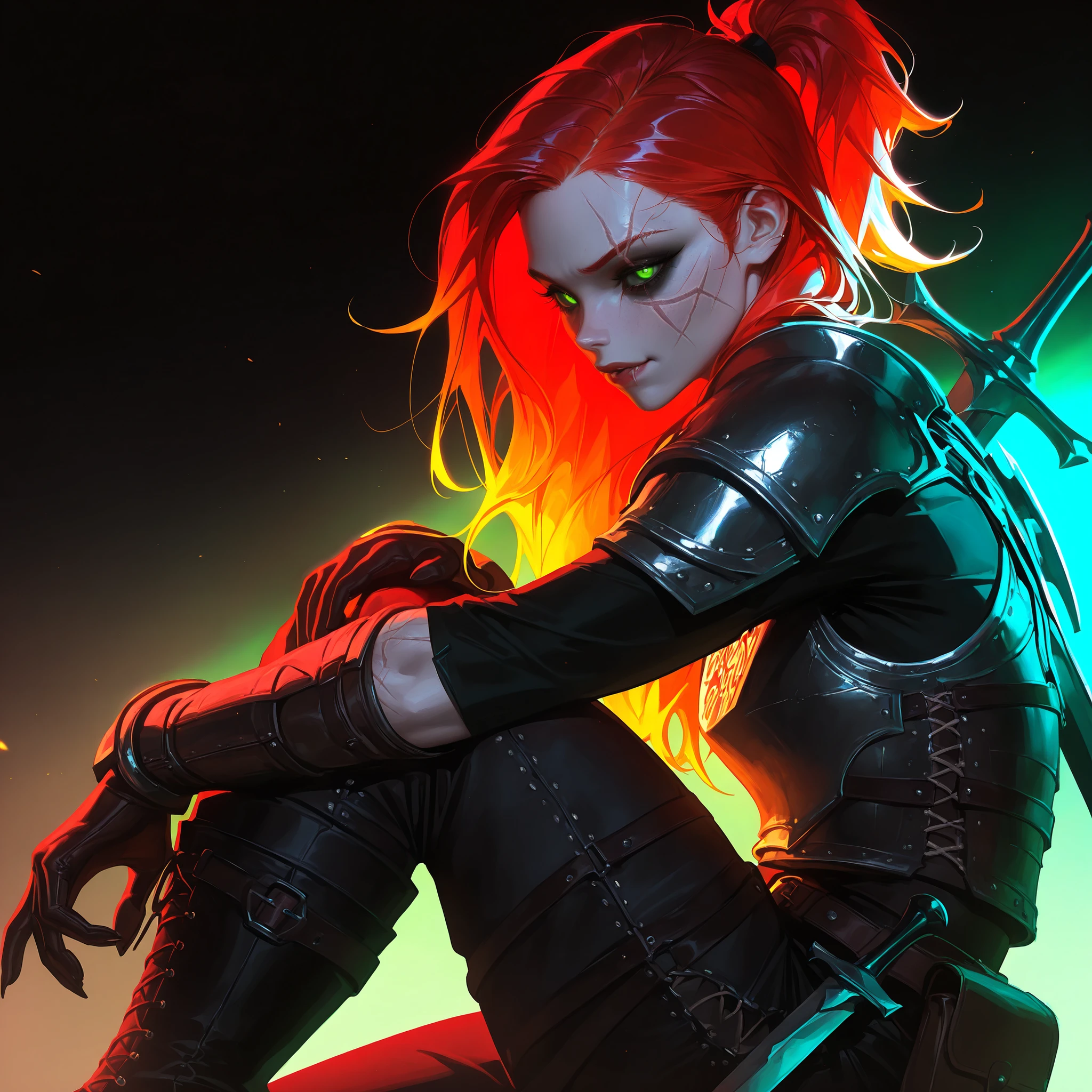 (tangobat:0.7),(Sakimichan:0.7),(High CT quality,4k,High resolution,main piece:2.3),(Very detailed,Realistic:1.37,Best quality,masterpiece, high resolution,on_body), (Tyndall effect,photorealistic, Edge lighting, Two-color lighting),(high definition skin:2.3), (8K UHD, DSLR quality, soft lighting, high quality, surround lighting, sincere, de 8K , 4K, 8K.) a woman with pale skin. She has an androgynous physique. (SCARLET RED HAIR) She has red kinky hair gathered in a messy ponytail, no bangs. (GREEN EYES) She has green gloomy eyes with bruises under her eyes. She has a long scar across her face. there is a scar on his cheek, on his lip and a split eyebrow. She is wearing a loose-fitting shirt, trousers with lacing on the sides, and a belt with a pouch. She is wearing medieval leather armor, shoulder pads, breastplate, bracers, and leather gloves. She's wearing comfortable knee-high boots. She has two medieval swords on her back. Background : a wild gloomy forest, a campfire that is pitched in the middle of the forest.