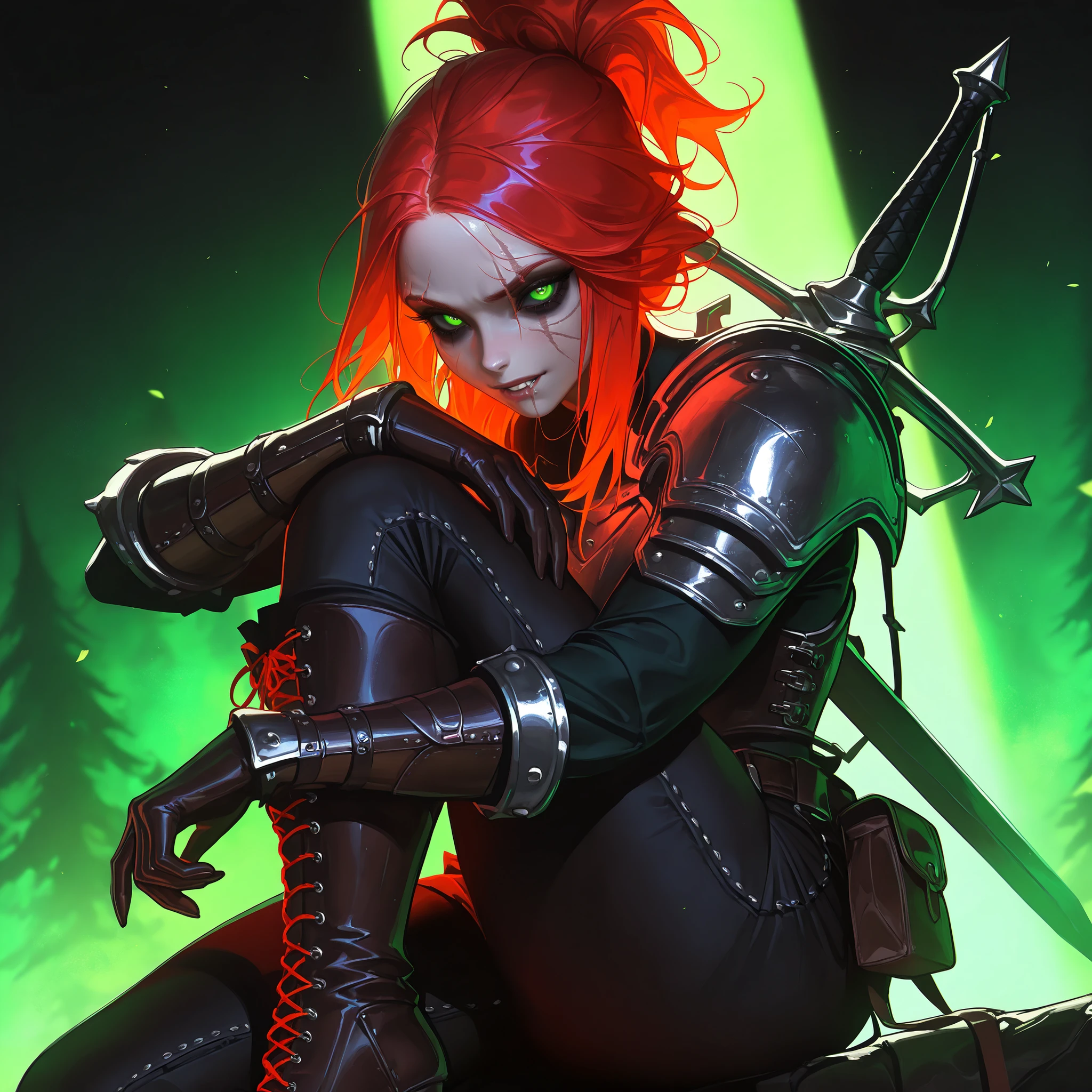 (tangobat:0.7),(Sakimichan:0.7),(High CT quality,4k,High resolution,main piece:2.3),(Very detailed,Realistic:1.37,Best quality,masterpiece, high resolution,on_body), (Tyndall effect,photorealistic, Edge lighting, Two-color lighting),(high definition skin:2.3), (8K UHD, DSLR quality, soft lighting, high quality, surround lighting, sincere, de 8K , 4K, 8K.) a woman with pale skin. She has an androgynous physique. (SCARLET RED HAIR) She has red kinky hair gathered in a messy ponytail, no bangs.  (GREEN EYES) She has green gloomy eyes with bruises under her eyes. She has a long scar across her face. there is a scar on his cheek, on his lip and a split eyebrow.  She is wearing a loose-fitting shirt, trousers with lacing on the sides, and a belt with a pouch.  She is wearing medieval leather armor, shoulder pads, breastplate, bracers, and leather gloves. She's wearing comfortable knee-high boots. She has two medieval swords on her back.  Background : a wild gloomy forest, a campfire that is pitched in the middle of the forest.
