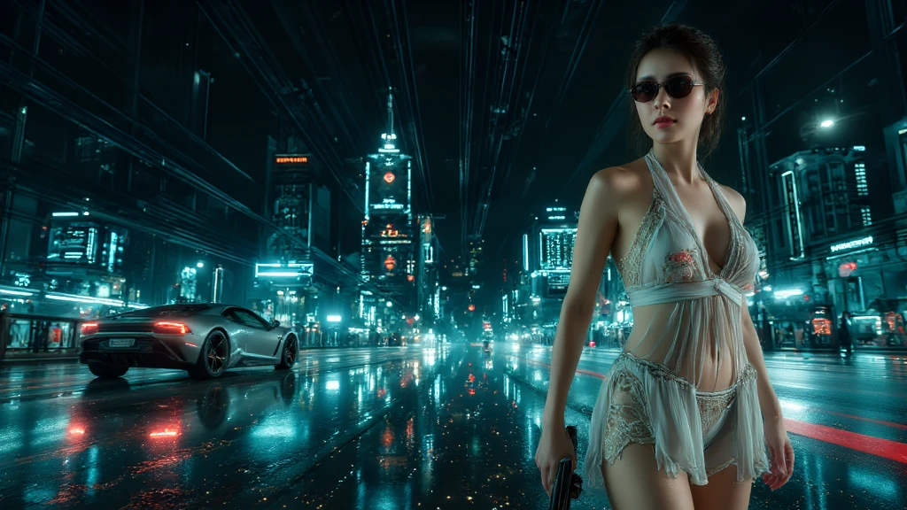 (Raw photography, 4K, masterpiece, hight resolution, very intricate), (Photorealsitic:1.4), Cinematic Lighting, (((((at night))))), (((1Girl, solo))), solofocus, Wet, full body Esbian,large breasts, Chest exposed, cleavage of the breast, wide open ass, pubic hair, Slim waist, eyes are brown, ((masterpiece:1.2)), top-quality, top-quality, Official art,the Extremely Detailed CG Unity 8K Wallpapers, artbook, a picture, (Brown hair long hair), Hair disheveled, aerial view of cyberpunk city, Expressive Hues, Vibrant Palette, B deficiency and white clothes, (((matrix style black micro sunglasses))), (((aiming with a short gun))), (((looking at camera))), (((very low view))).