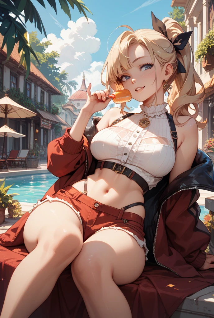 masterpiece,best quality,highres,ahoge,(hair ornament:1.1),eyewear on head,necklace,cleavage,black bikini,yellow jacket,open jacket,off shoulder,sitting,chair,holding can,can,smile,open mouth,<lora:feise1-000008:0.75>,feise1,