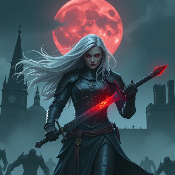 Nordica with White skin, iridescent and shining white eyes, holding a white weapon in her hand raised in front of her face, covering her face as if protecting her from shrapnel, in a city environment with a large dark red moon, a river on the left with water crystalline reflecting the moon, some quadrupedal animals with short fur and some people seen with their backs in front of the camera, the Nordica with pointed ears and glowing eyes, distant from men in semi-naked military clothing