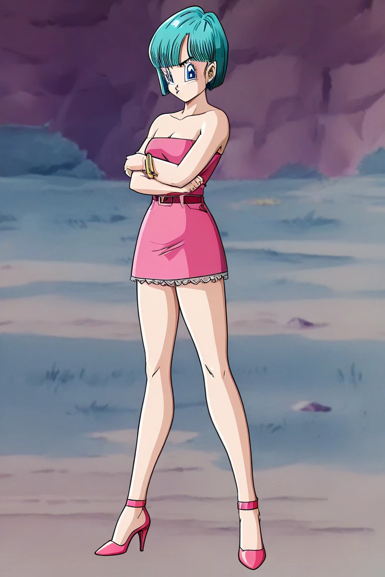 27 year old Bulma in a pink bikini and super thick legs and barefoot full body surrounded by shit