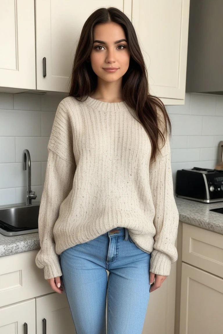 influencer-full-shot-by-stable-yogi 5. "Lifestyle influencer (ethnicity: Hispanic, age: early 40s) in a rustic, sunlit kitchen (setting: warm, inviting). She's dressed in a cozy, knit sweater (fabric: soft cashmere) with her hair in a casual updo, and minimal, radiant makeup. She's preparing a meal (action: nurturing, skilled), the kitchen filled with the golden hues of the early morning light."