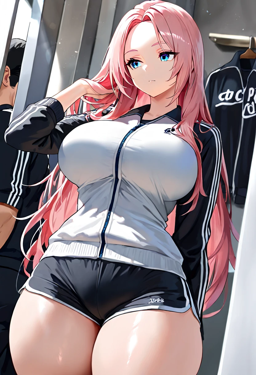 Anime hot girl, sexy uniforms, tight 
Pink hair
With a swimsuit in the beach
Boob