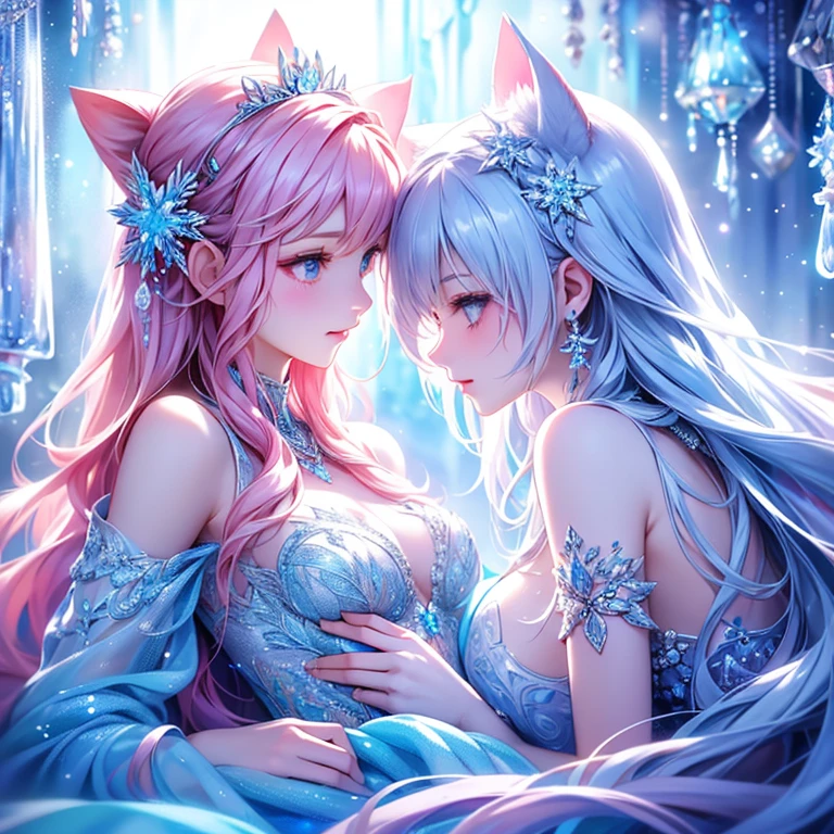{-erro_de_anatomia:1.0} There is a white unicorn girl, blue mane and long mane, white unicorn, unicorn, unicorn horns, A unicorn, celestia, Nine stories, blue unicorn, soft dreamy, cinematic light《fangs》Unicorn in, mythological creatures, a mythical creature, Pokémon illustration, unicorns, a glaceon princess, Auroracore, ghostly iridescent, image good for rendering, white dress, laying in the bed, unicorn girl, full body.
