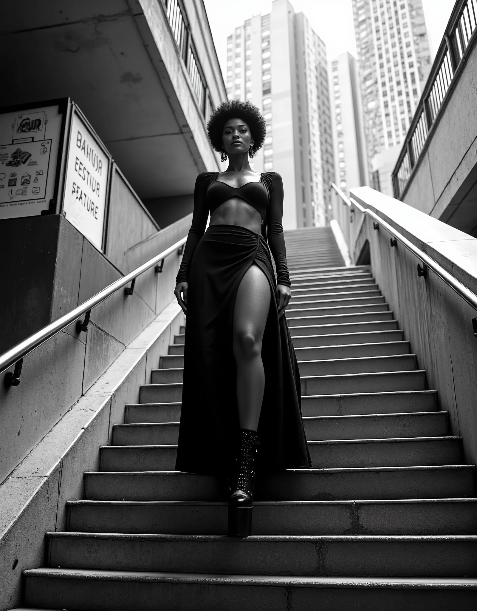 A confident Black woman stands in a commanding pose at the top of a wide urban metro station staircase. The scene is shot from above in a dramatic high-angle, emphasizing her presence and power. She wears a long, elegant black dress with a high slit, long sleeves, and a plunging neckline, paired with tall black leather platform boots. Her afro hairstyle is full and voluminous, exuding cultural pride and identity. One leg is confidently placed on a higher step, her hand on her hip, and her gaze is intense and elevated. The setting is stark and modern — concrete steps, metal railings, and worn urban textures characteristic of a bustling city transit hub. The photograph is in sharp black and white, evoking the luxurious yet raw aesthetic of a high-end Tom Ford editorial. Soft daylight filters in from the city above, casting subtle shadows across the steps. The image radiates power, elegance, resilience, and a timeless fashion-forward attitude set against a gritty metropolitan backdrop.