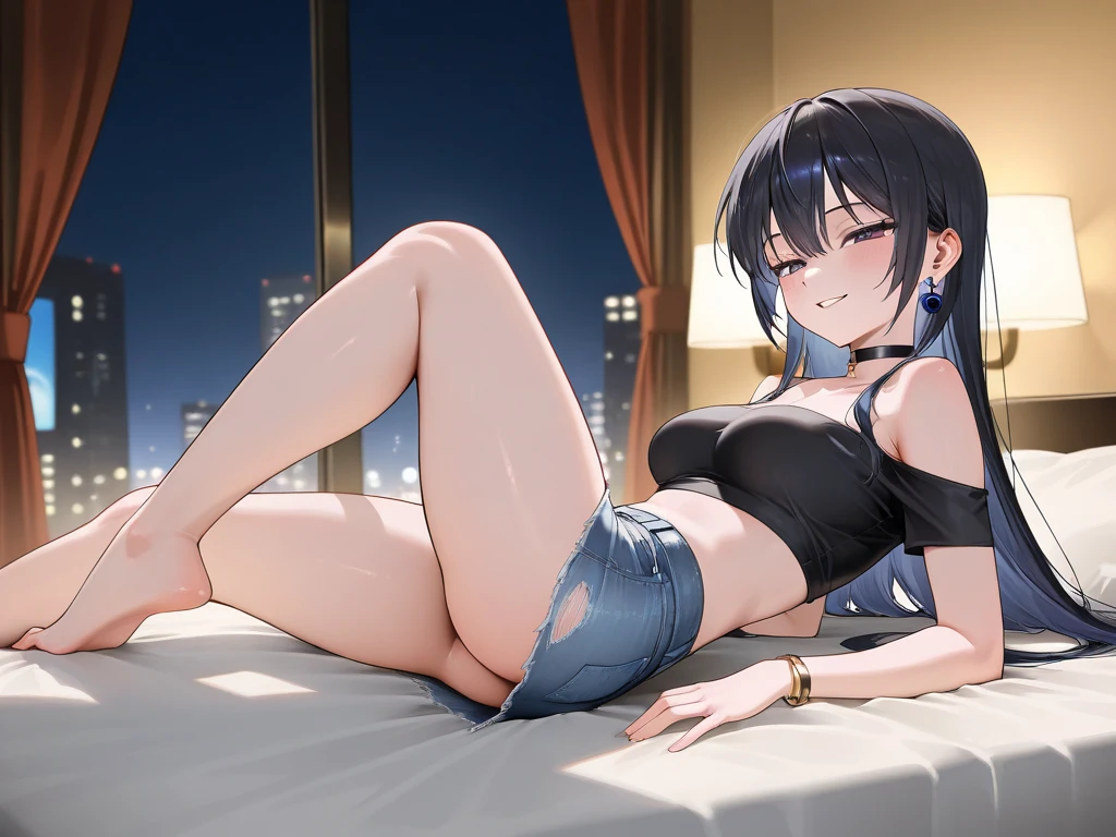 Girl in underwear、Blue and gold eyes、(One Woman:1.2)、24 year old、shoulder-length black hair、Medium bob、Hotel、Medium chest、A smile、top-quality、teats、pubick hair、(masturbation)