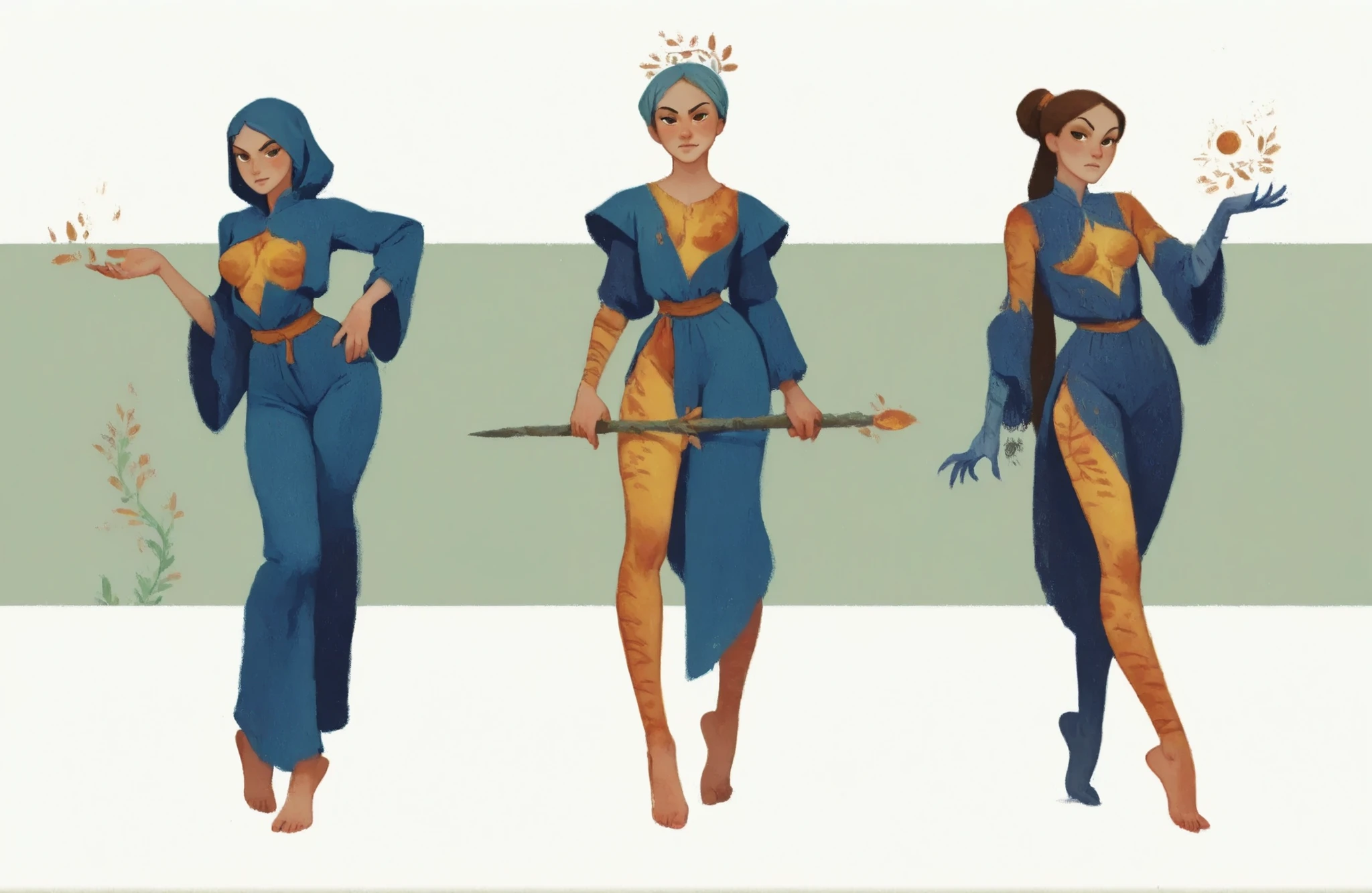 drki, hyper detailed painting of 3girls, looking at viewer, standing, vibrant skin, detailed clothes, fierce expression, mystical fantasy aesthetic, painterly illustration, gouache painting, soft lighting illustration, 2d art, delicate background, masterpiece, best quality, crud3