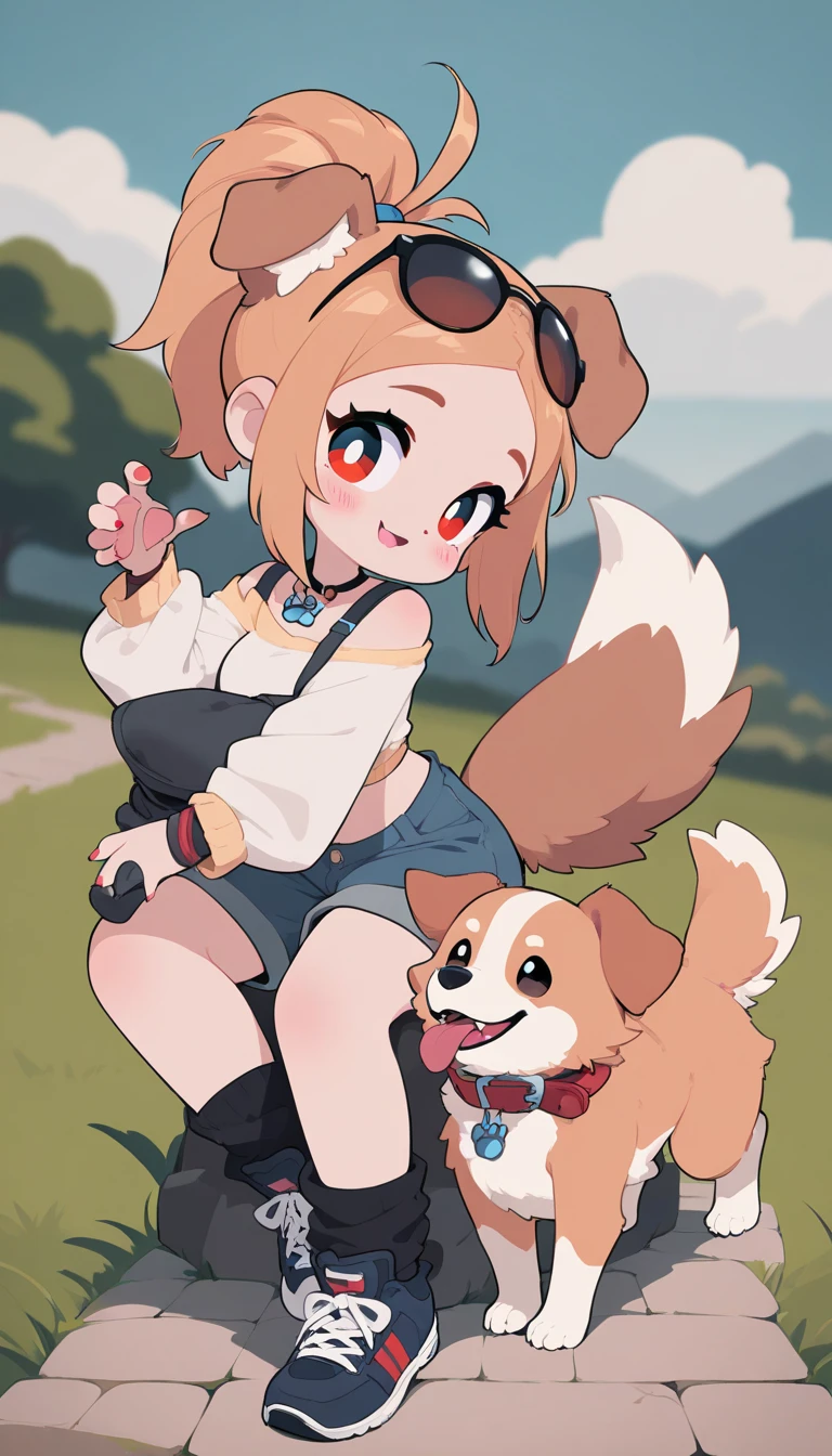 Anthro female, solo focus, female, dog, skimpy armor, knee high socks, gloves, furry, furry body, dog head, dog ears, cute, wide hips, breast, bouncy, cute, blushing, eyes close, neutral expression, woods, fields, sky, airship