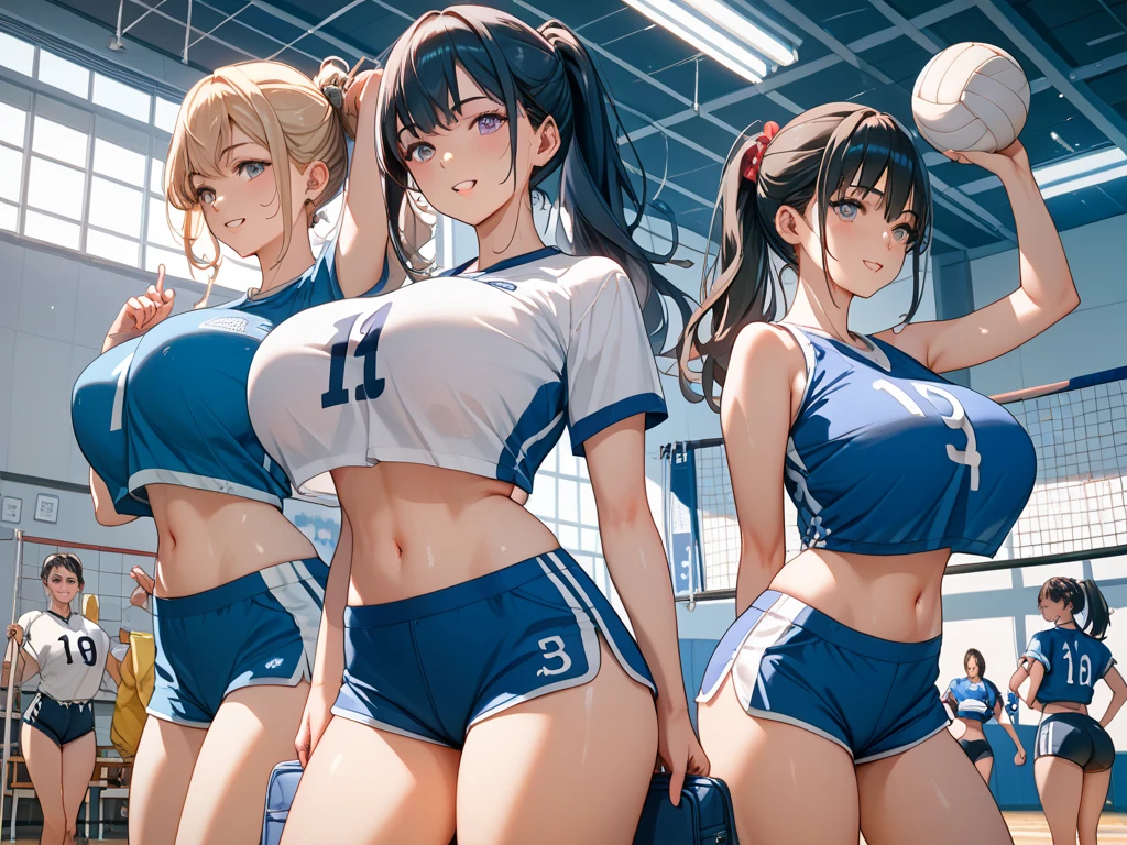 unity 8k wallpaper, anatomically correct, (((masterpiece))), (((best quality))), (((ultra detailed))), (((high-resolution))), ((super fine illustration)), ((Ultimate cutie)), ((detailed beautiful face)), perfect hands, perfect finger, (((good anatomy))), BREAK, multiple girls, lovingly gaze, harem, group picture, , (potbelly), (Curve), medium breasts, ((thick thighs)), Shiny hair, (((coquettish smile))), (((blush))), BREAK, Adidas, Sleeveless collared Volleyball Uniforms, ((wristbands)), BREAK, (Hold the beautiful spherical 6-inch volleyball), ((Sweat)), (perspired), (Heavy breathing), in gymnasium, in volleyball court, depth of field, strong light, cowboy shot,,