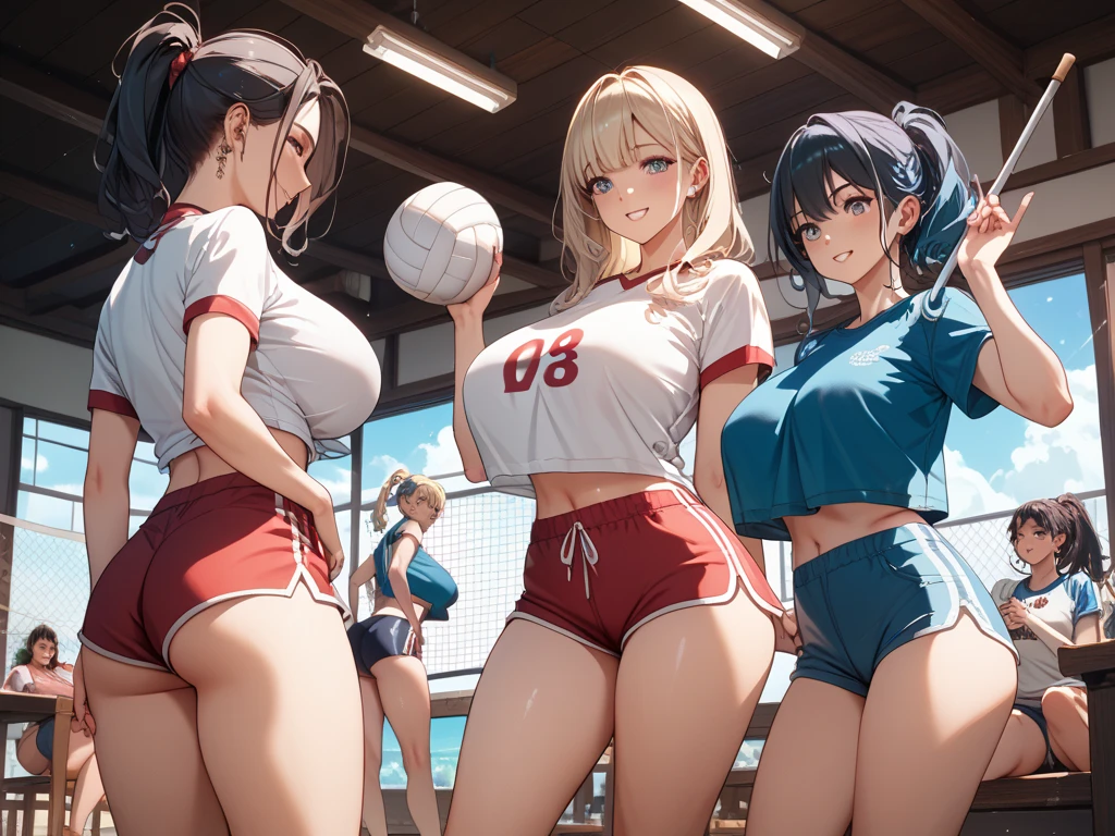 unity 8k wallpaper, anatomically correct, (((masterpiece))), (((best quality))), (((ultra detailed))), (((high-resolution))), ((super fine illustration)), ((Ultimate cutie)), ((detailed beautiful face)), perfect hands, perfect finger, (((good anatomy))), BREAK, multiple girls, lovingly gaze, harem, group picture, 17 years old, (potbelly), (Curve), medium breasts, ((thick thighs)), Shiny hair, (((coquettish smile))), (((blush))), BREAK, Adidas, Sleeveless collared Volleyball Uniforms, ((wristbands)), BREAK, (Hold the beautiful spherical 6-inch volleyball), ((Sweat)), (perspired), (Heavy breathing), in gymnasium, in volleyball court, depth of field, strong light, cowboy shot,,