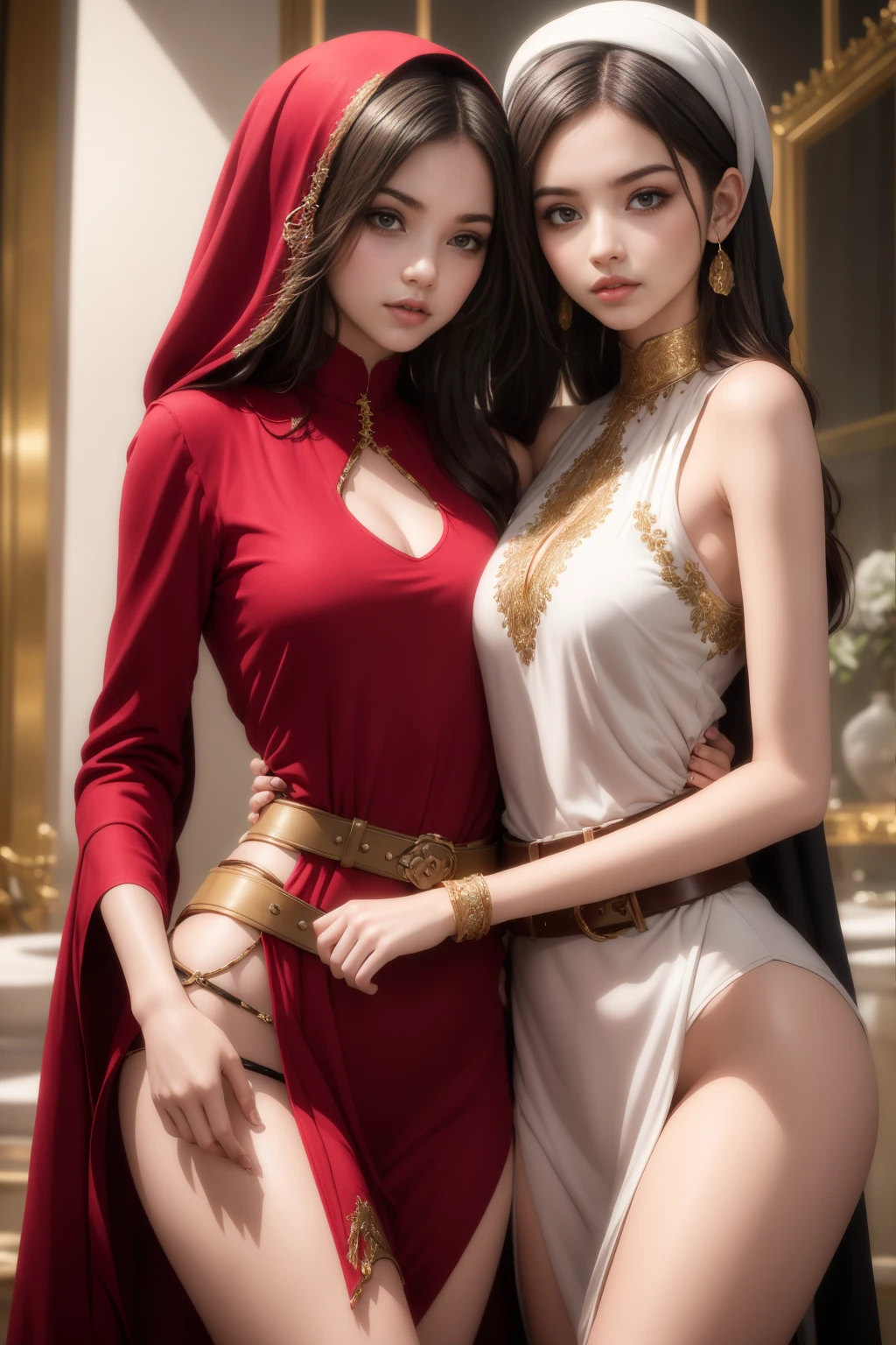 Mavtan Moroccan Islamic surreal super detail,model shoot,Two girls kneeling,duo,Dynamic pose,leering,(Dream belt,Dream robes,Fantastic ribbons),Hug and touch each other,Biting a friend's earlobe, Hug each other from behind, Touch your friend's chest from below,