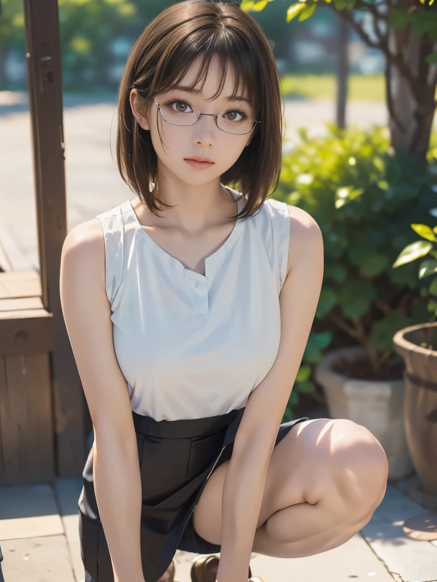 masterpiece, Bokeh, (Cat ear:1.4), Sitting on the beach at sunset, Looking at the audience, office lady, pantyhose,(masterpiece, Highest quality, It captures a very cute moment, Depth of written boundary, Super detailed, Ultra-high resolution, C4D, Octadale, 3D Modeling,Realistic human photos、 8k, 16K, One Girl,, 15 years old、Small breasts,Black Hair,short hair,Straight Hair,Light brown eyes,,Wearing black glasses,Cute Face), Bloomers, Black tank top, zettai ryouiki, Wet clothes,Classroom Nights,Moonlight, Good elevator, Take off、Real-life skin、Not an anime、Realistic、