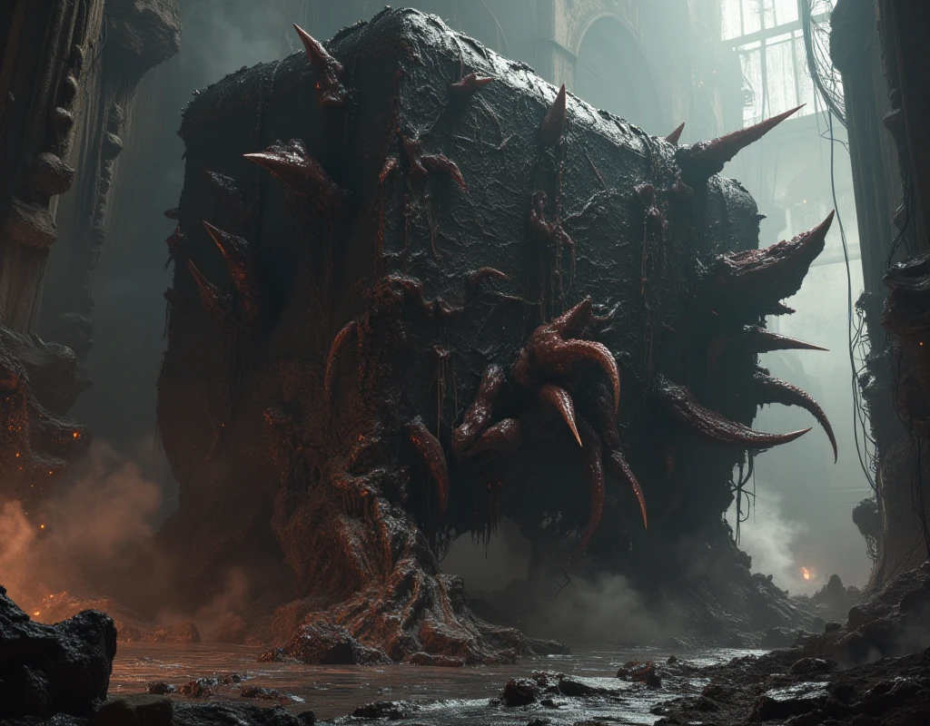 A mostruous shadowy box, nightmarish, razor-sharp blades, monstruous, horror structure, oozing, organic, dark box, razor-sharp blades siding, monstrous horror box, oozing organic materials, nightmarish atmosphere, high contrast chiaroscuro lighting, eerie glowing details, visceral horror, industrial dystopian setting, cinematic dramatic angle, best quality, 8K, ultra-detailed, photorealistic, physically-based rendering, dark moody colors, deep shadows, muted tones