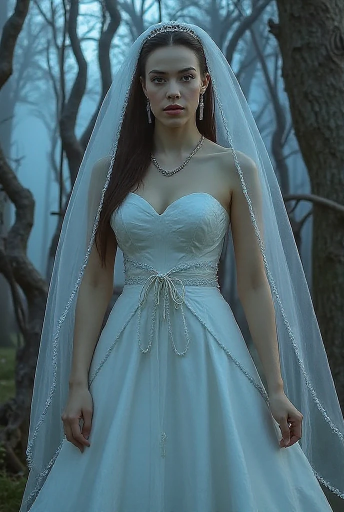 a creepy but beauty ghost young woman with white dress beauty body and distorced face in the middle of a derk and creepy forest at a very dark night