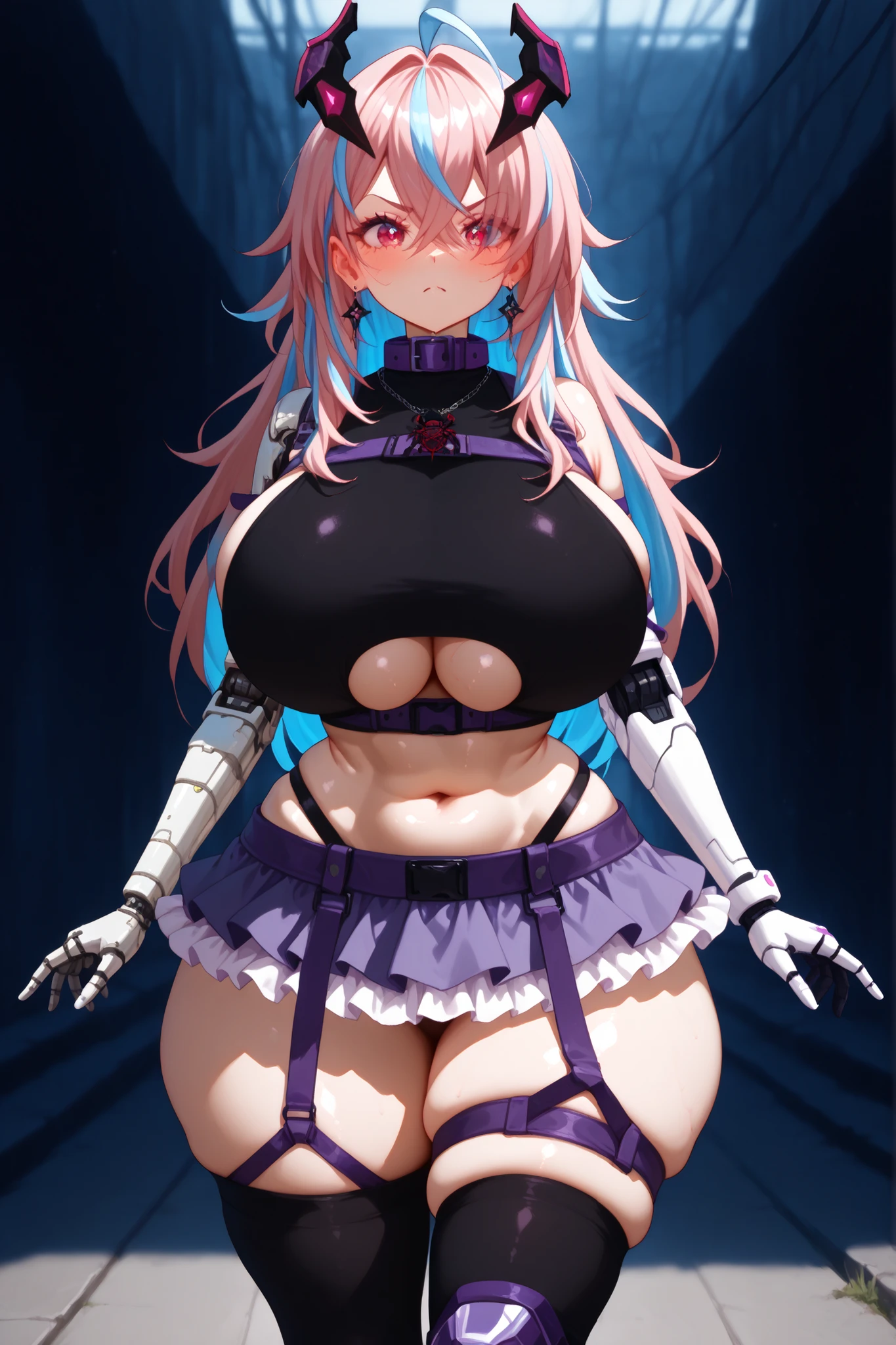 Nicole Demara, Ncle, green eyes, pink hair, long hair, two side up, hair ribbon, hairclip, mole under eye, tube top, black jacket, heart choker, midriff, micro shorts, single thighhigh, thigh strap, shoulder cutout, long sleeves, earrings, jewelry, curves, Big Breasts, nude, red gag, Blushing, frowning, Bondage and BDSM, Whole body, kneeling position on the floor, Ball Gag, red gag, Arms behind back, arms tied, bdsm, bondage, bound, bound legs, shibari, rope, spread legs, barefoot, arms behind back, bondage shibari, saliva, drooling, excessive saliva, pussy vibrators, Takate Kote, Panting, ((Blindfolded eye, Blindfold around the head )), Cat position, Nipple piercing, Nanao Yukiji style,