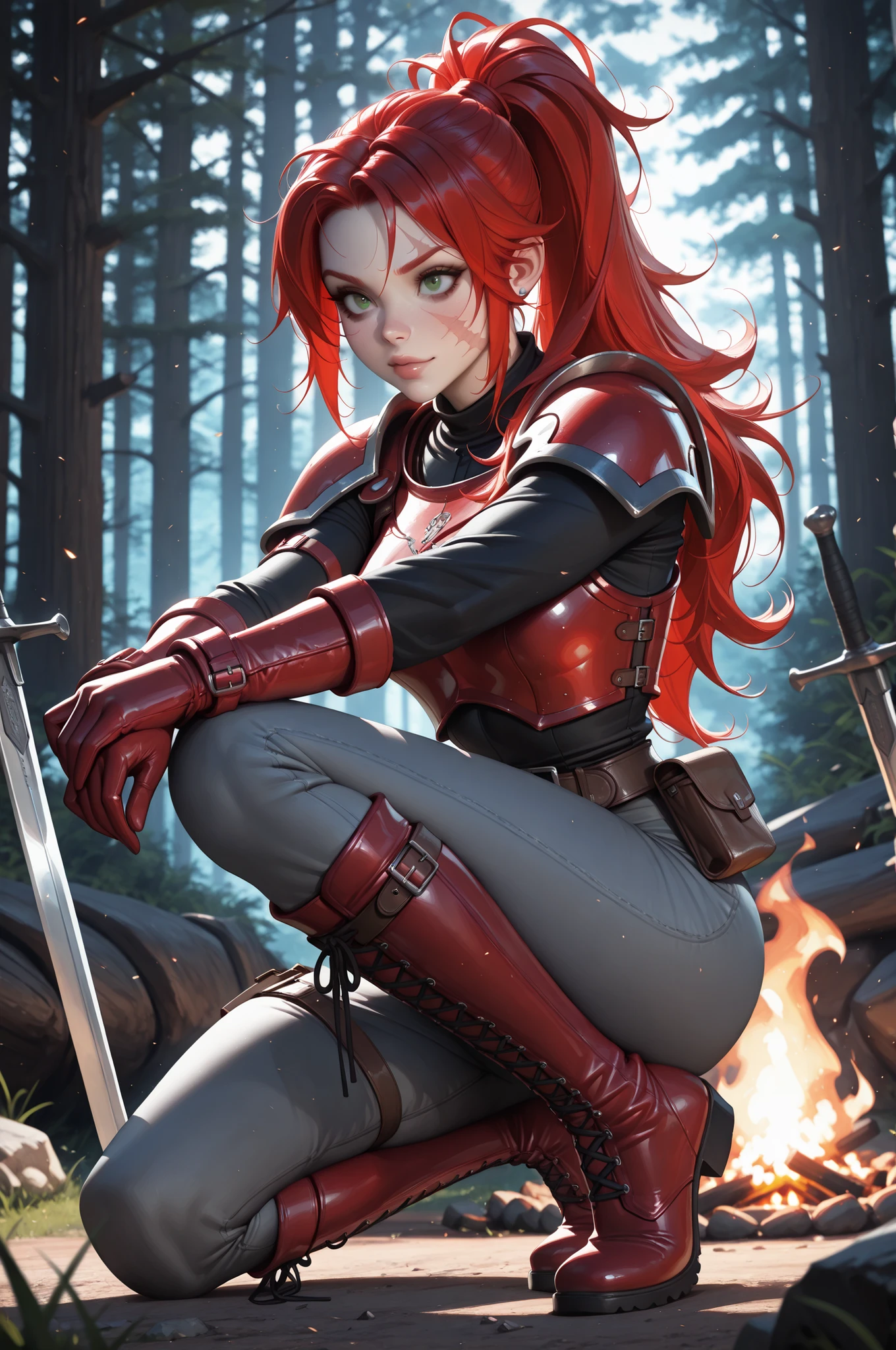 (tangobat:0.7),(Sakimichan:0.7),(High CT quality,4k,High resolution,main piece:2.3),(Very detailed,Realistic:1.37,Best quality,masterpiece, high resolution,on_body), (Tyndall effect,photorealistic, Edge lighting, Two-color lighting),(high definition skin:2.3), (8K UHD, DSLR quality, soft lighting, high quality, surround lighting, sincere, de 8K , 4K, 8K.) a woman with pale skin. She has an androgynous physique. (SCARLET RED HAIR) She has red kinky messy hair gathered in a ponytail, no bangs.  (GREEN EYES) She has green gloomy eyes with bruises under her eyes. She has a long scar across her face. there is a scar on his cheek, on his lip and a split eyebrow.  She is wearing a loose-fitting shirt, trousers with lacing on the sides, and a belt with a pouch.  She is wearing medieval leather armor, shoulder pads, breastplate, bracers, and leather gloves. She's wearing comfortable knee-high boots. She has two medieval swords on her back.  Background : a wild gloomy forest, a campfire that is pitched in the middle of the forest.