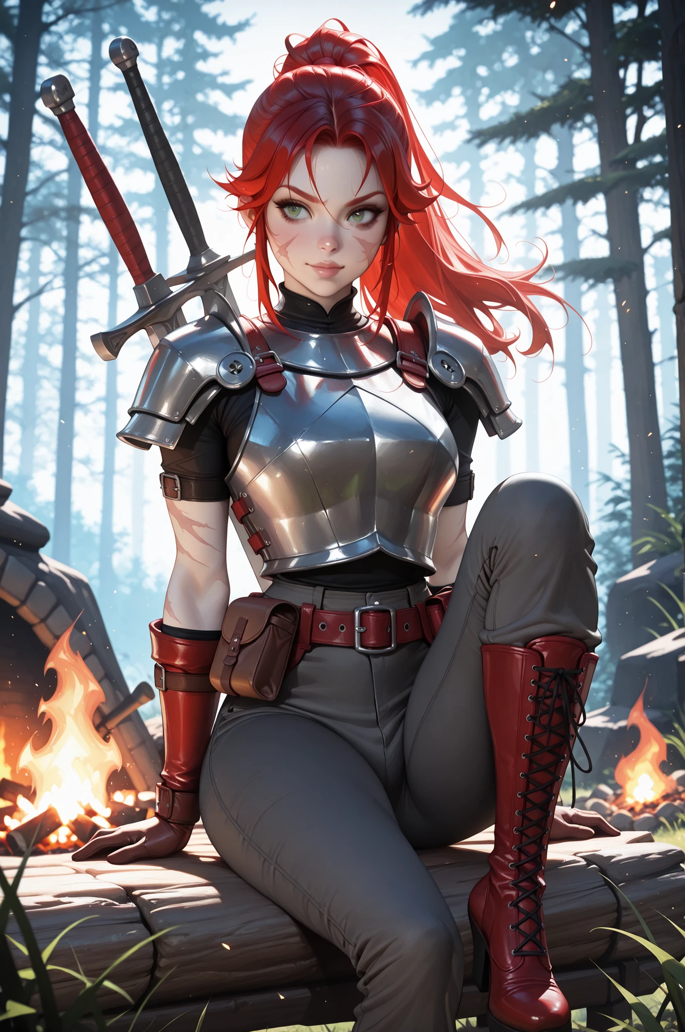 (tangobat:0.7),(Sakimichan:0.7),(High CT quality,4k,High resolution,main piece:2.3),(Very detailed,Realistic:1.37,Best quality,masterpiece, high resolution,on_body), (Tyndall effect,photorealistic, Edge lighting, Two-color lighting),(high definition skin:2.3), (8K UHD, DSLR quality, soft lighting, high quality, surround lighting, sincere, de 8K , 4K, 8K.) a woman with pale skin. She has an androgynous physique. (SCARLET RED HAIR) She has red kinky messy hair gathered in a ponytail, no bangs.  (GREEN EYES) She has green gloomy eyes with bruises under her eyes. She has a long scar across her face. there is a scar on his cheek, on his lip and a split eyebrow.  She is wearing a loose-fitting shirt, trousers with lacing on the sides, and a belt with a pouch.  She is wearing medieval leather armor, shoulder pads, breastplate, bracers, and leather gloves. She's wearing comfortable knee-high boots. She has two medieval swords on her back.  Background : a wild gloomy forest, a campfire that is pitched in the middle of the forest.