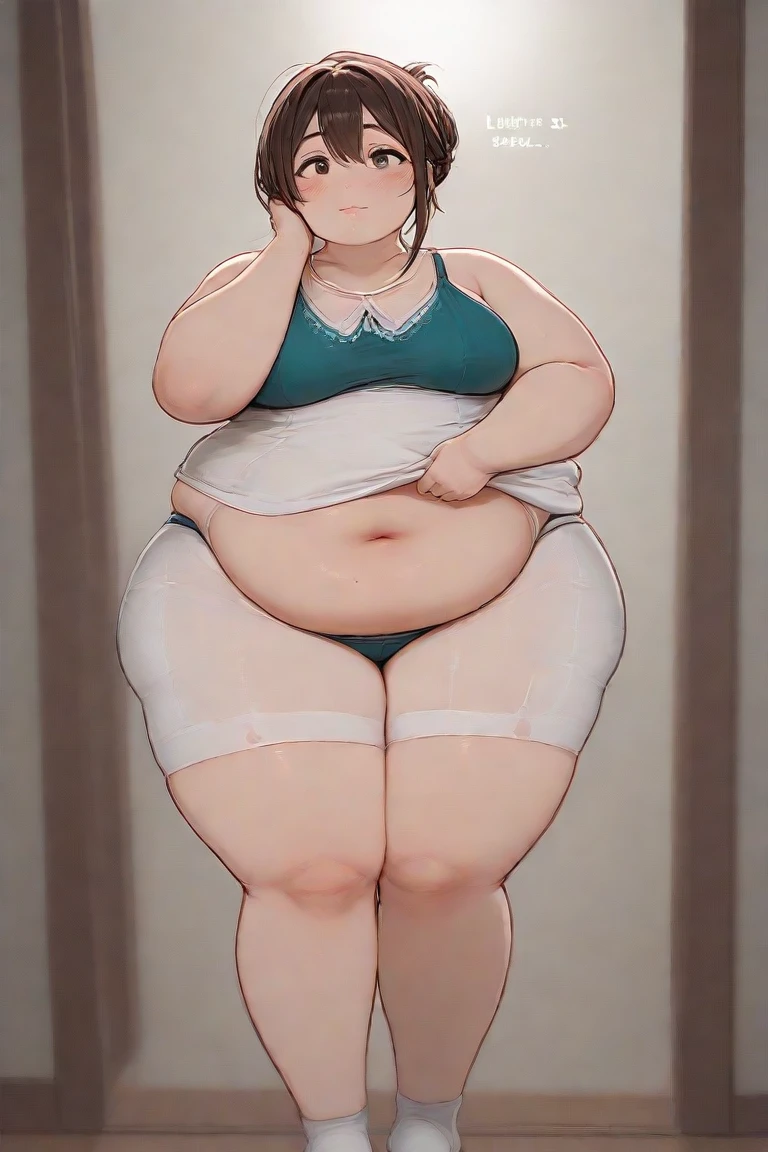 Plus-sized Caucasian woman, in big white panties, and white bra, back shot, big butt, crop shot, walking around home, anime art style, intricate details
