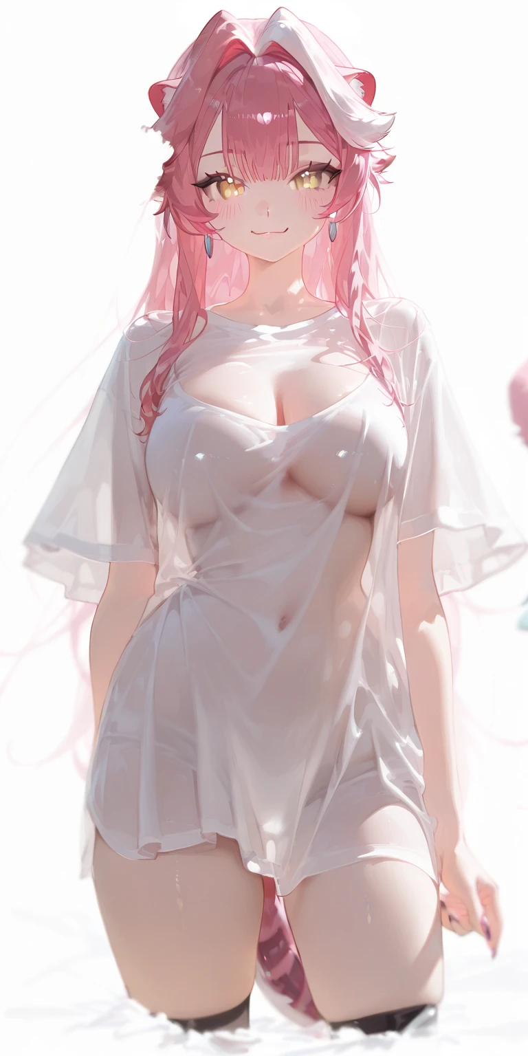 (quality)), ((masterpiece)), Recommended results、Puffy nipples、(see through:1.5)、straighten your back、abdominal muscles、huge bust、angle to floor:1.2、low camera angle、There is leakage in the crotch、light pink latex,Smile,angel nurse,Fat girl
