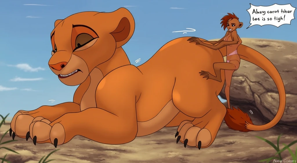 lioness, Nala, high resolution, realistic, Soft, 4K, upscales, high detail, Delicate fur, ((The tail in the right place)), green eyes, bedroom eyes, white sclera, lifted tail, hyper canine pussy, savanna, large eyes, presenting pussy, looking back at viewer, 1 lion tail, black canine pussy, dripping canine pussy, cub, young, laughing, detailed eyes, beautiful eyes, flat chest, small, squatting