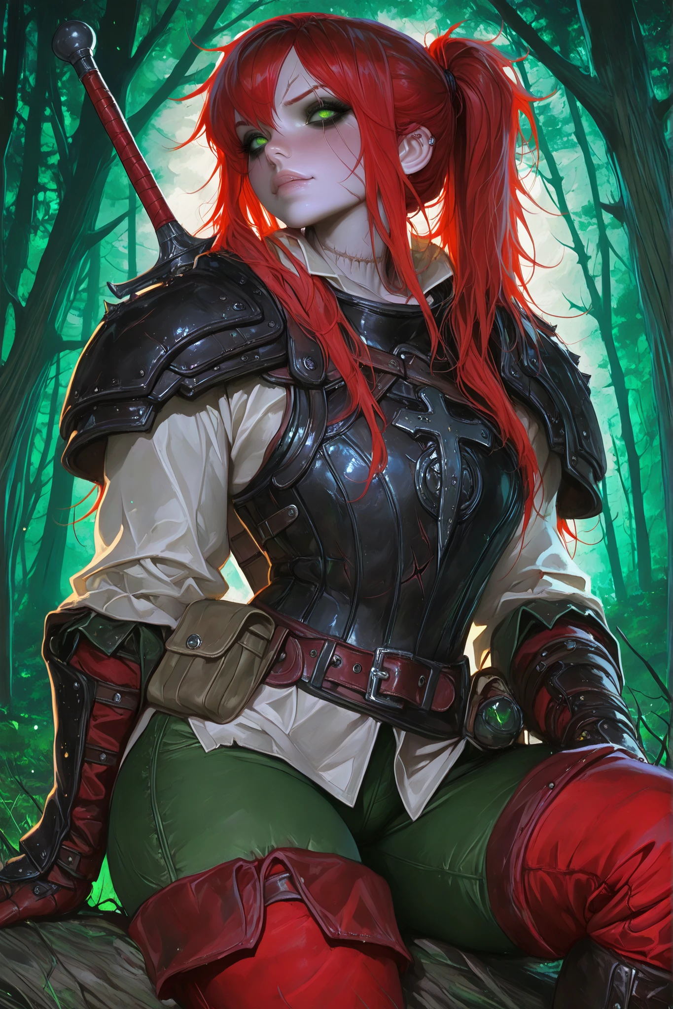 (tangobat:0.7),(Sakimichan:0.7),(High CT quality,4k,High resolution,main piece:2.3),(Very detailed,Realistic:1.37,Best quality,masterpiece, high resolution,on_body), (Tyndall effect,photorealistic, Edge lighting, Two-color lighting),(high definition skin:2.3), (8K UHD, DSLR quality, soft lighting, high quality, surround lighting, sincere, de 8K , 4K, 8K.) a woman with pale skin. She has an androgynous physique. (SCARLET RED HAIR) She has red kinky messy hair gathered in a ponytail, no bangs. (GREEN EYES) She has green gloomy eyes with bruises under her eyes. She has a long scar across her face. there is a scar on his cheek, on his lip and a split eyebrow. She is wearing a loose-fitting shirt, trousers with lacing on the sides, and a belt with a pouch. She is wearing medieval leather armor, shoulder pads, breastplate, bracers, and leather gloves. She's wearing comfortable knee-high boots. She has two medieval swords on her back. Background : a wild gloomy forest, a campfire that is pitched in the middle of the forest.