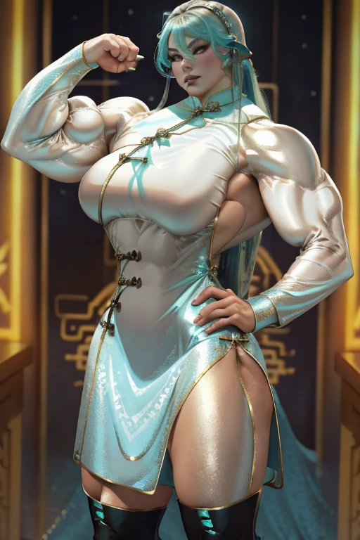 (Close view), tall, White hair, beautiful muscular woman, long straight hair, light brown skinned, closed smile, (black lipstick), ((massive muscles)), (hyper muscle), ((ginormous bulky muscles)), blue eyes, ((((white sparkly cheongsam dress embroidered with intricate designs)))), gauntlets, choker, thigh high lace socks, (in the nightclub)