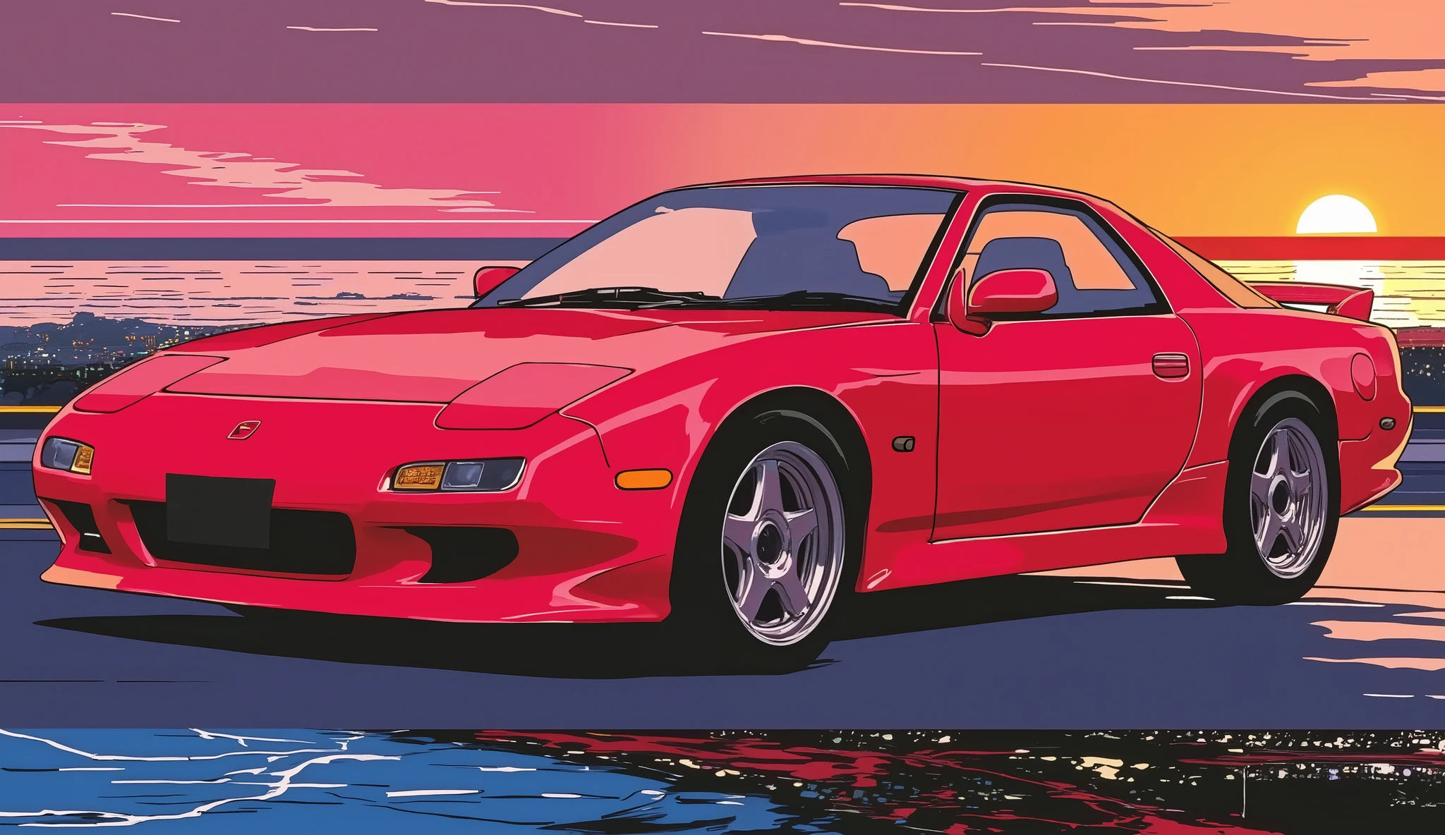 80Era、MAZDA、RX-7(FB)、red body、evening、sunset、Running along the coastline、sense of speed