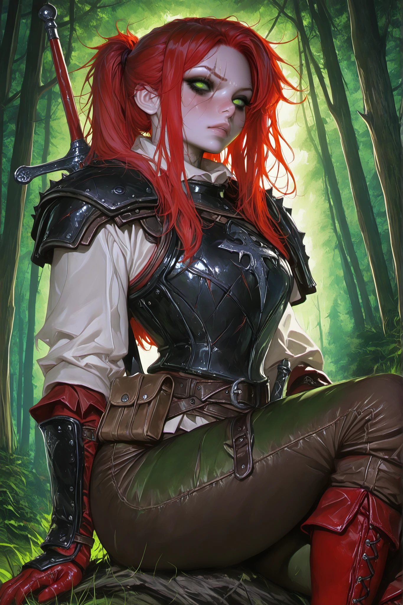 (tangobat:0.7),(Sakimichan:0.7),(High CT quality,4k,High resolution,main piece:2.3),(Very detailed,Realistic:1.37,Best quality,masterpiece, high resolution,on_body), (Tyndall effect,photorealistic, Edge lighting, Two-color lighting),(high definition skin:2.3), (8K UHD, DSLR quality, soft lighting, high quality, surround lighting, sincere, de 8K , 4K, 8K.) a woman with pale skin. She has an androgynous physique. (SCARLET RED HAIR) She has red kinky messy hair gathered in a ponytail, no bangs. (GREEN EYES) She has green gloomy eyes with bruises under her eyes. She has a long scar across her face. there is a scar on his cheek, on his lip and a split eyebrow. She is wearing a loose-fitting shirt, trousers with lacing on the sides, and a belt with a pouch. She is wearing medieval leather armor, shoulder pads, breastplate, bracers, and leather gloves. She's wearing comfortable knee-high boots. She has two medieval swords on her back. Background : a wild gloomy forest, a campfire that is pitched in the middle of the forest.