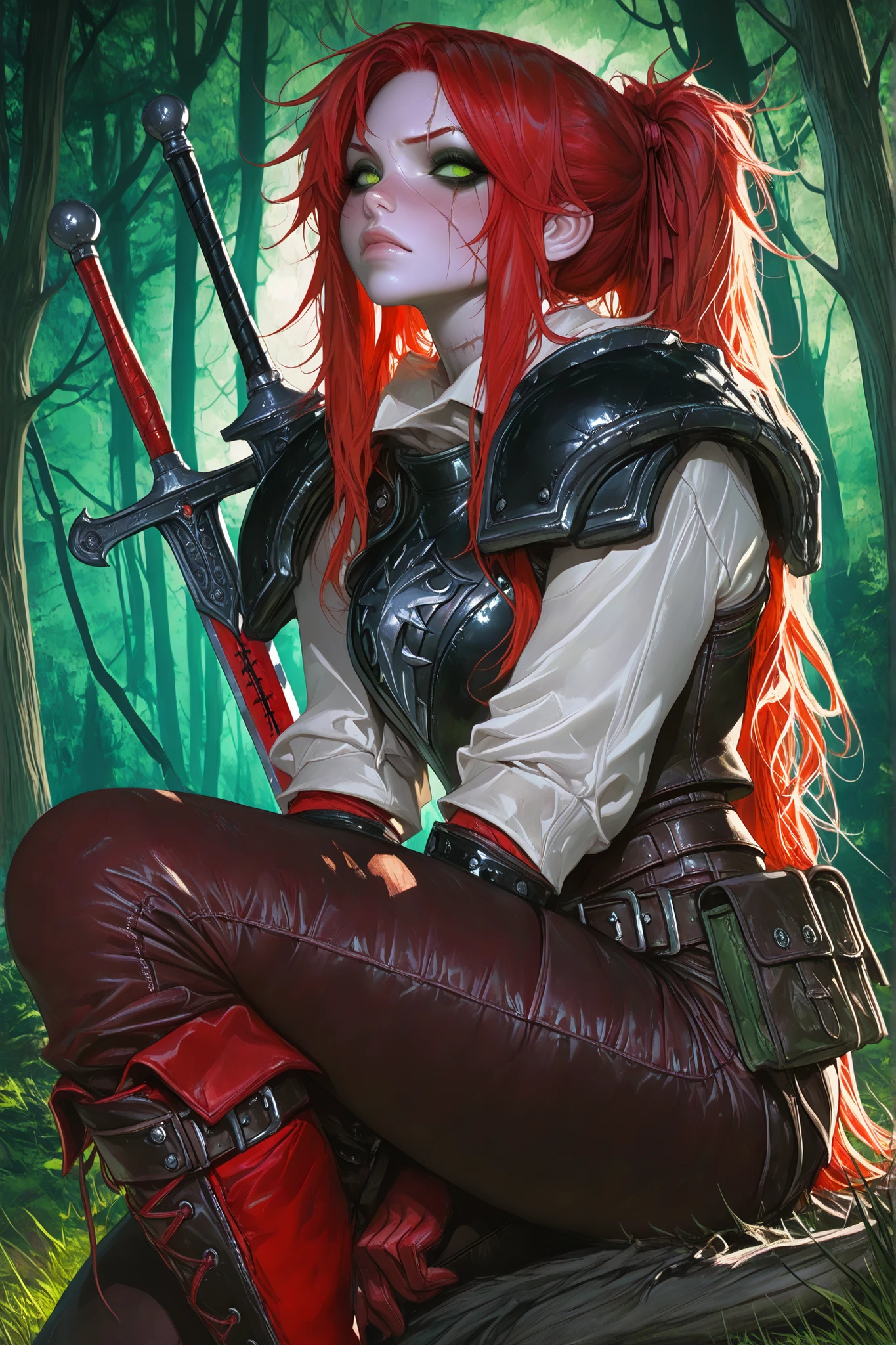 (tangobat:0.7),(Sakimichan:0.7),(High CT quality,4k,High resolution,main piece:2.3),(Very detailed,Realistic:1.37,Best quality,masterpiece, high resolution,on_body), (Tyndall effect,photorealistic, Edge lighting, Two-color lighting),(high definition skin:2.3), (8K UHD, DSLR quality, soft lighting, high quality, surround lighting, sincere, de 8K , 4K, 8K.) a woman with pale skin. She has an androgynous physique. (SCARLET RED HAIR) She has red kinky messy hair gathered in a ponytail, no bangs.  (GREEN EYES) She has green gloomy eyes with bruises under her eyes. She has a long scar across her face. there is a scar on his cheek, on his lip and a split eyebrow.  She is wearing a loose-fitting shirt, trousers with lacing on the sides, and a belt with a pouch.  She is wearing medieval leather armor, shoulder pads, breastplate, bracers, and leather gloves. She's wearing comfortable knee-high boots. She has two medieval swords on her back.  Background : a wild gloomy forest, a campfire that is pitched in the middle of the forest.