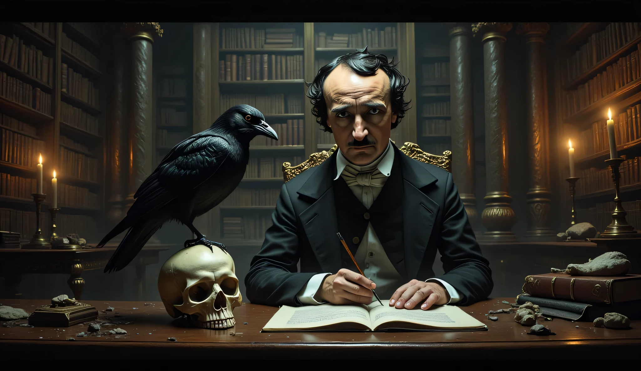 Edgar Allan Poe sitting at a desk in a Gothic library, a raven is perched on a human skull sitting on his desk, Gothic fantasy, high detail, masterpiece.