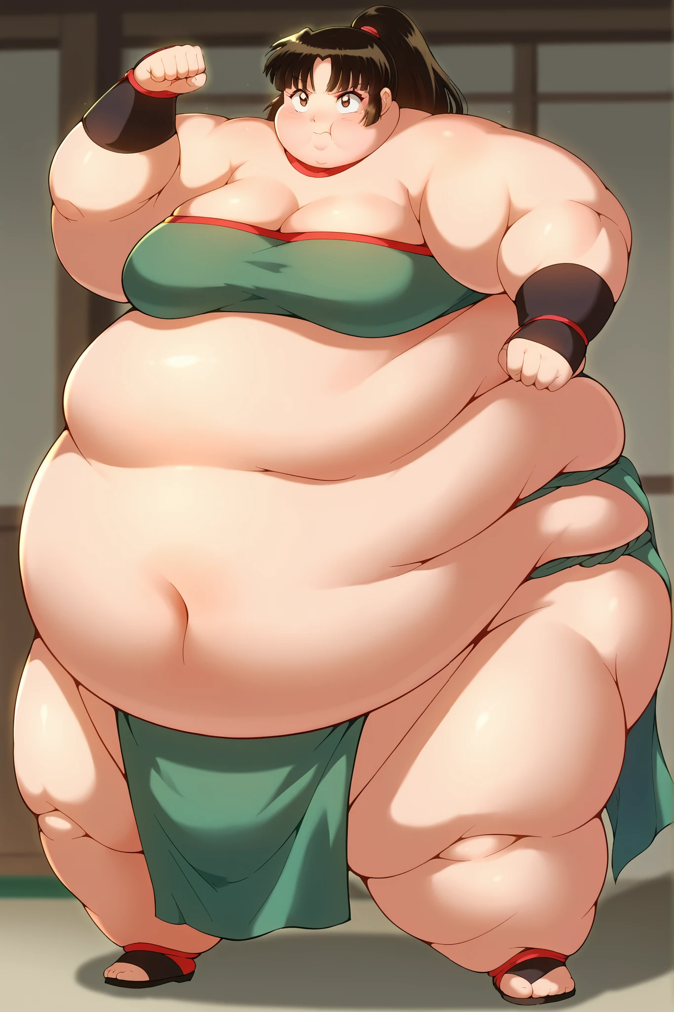 portrait, sharp focus, soft lighting,, , illustration, depth of field, (bloom:0.4), score_9, score_8_up, score_7_up, source_anime, inuyashasango, sango, long hair, black hair, brown eyes, ponytail, bangs, fat, chubby, obese, green tube top,loincloth, a mawashi, sumo wrestler, shiko dachi stance, horse stance, full body shot, Fat_neck , Fat head , eyes with crushed cheeks , nose with crushed cheeks , mouth with crushed cheeks , chin roll