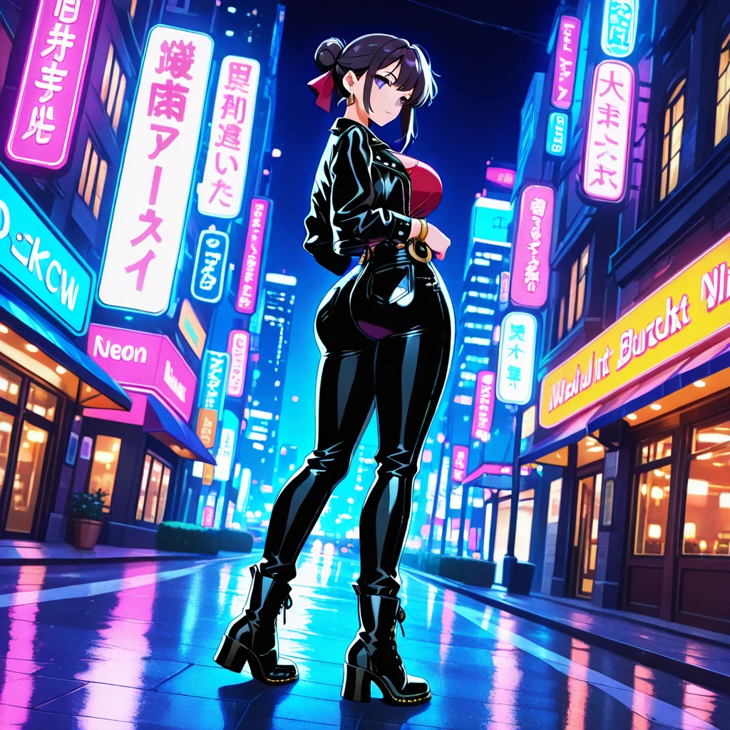 looking back,juri han,standing with your back to the viewer,beautiful young warrior , with a very detailed and beautiful face, beautifuleyes, beautifuleyes, gorgeous face, glowing purple eyes,beautiful young woman wearing long black leggings with black details, usando leather jacket preta, wearing black boots, horn hair, with black fringe, , evil smile ,white sweater with strap around, serious look,usando leather jacket preto, leather jacket,yellow lighting, evil smile,leggings,hands in pocket,beautiful ass,city at night illuminated,illuminated city alleys
