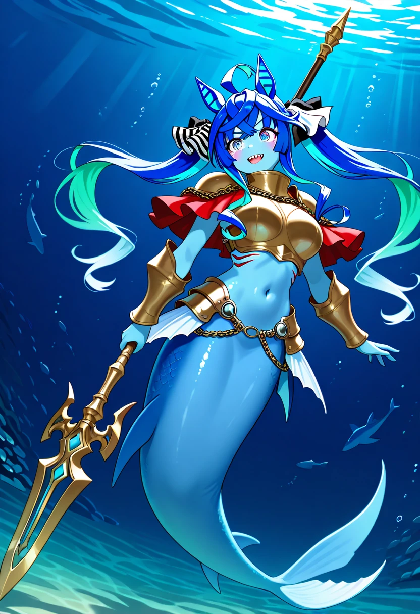 A blue-haired mermaid with warrior armor