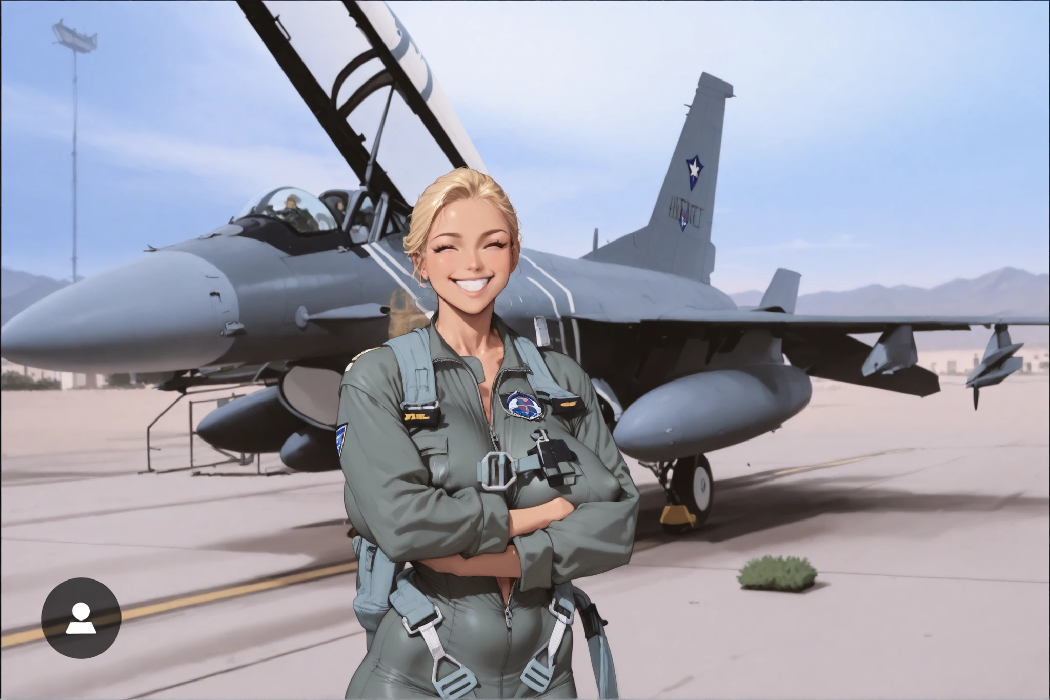 1 extremely curvy girl, Sexy Air Force Pilot, tight flightsuit, hyper breasts, massive breasts, tan boots, half unzipped, hard covered nipples, long blonde hair, smiling, detailed, Masterpiece,