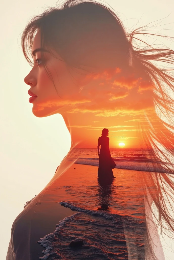 high high quality，8K ultra-high definition， Beautiful doubleexposure  ，Combine the silhouette of a goddess with the sunset coast，   should use the sunset coast as the bottom background  ，  details incorporated into the silhouette of the goddess  ， Clear lines ，The background is a monochromatic   ，on focus，doubleexposure ，  created by Yukisakura  ， Gorgeous full color  